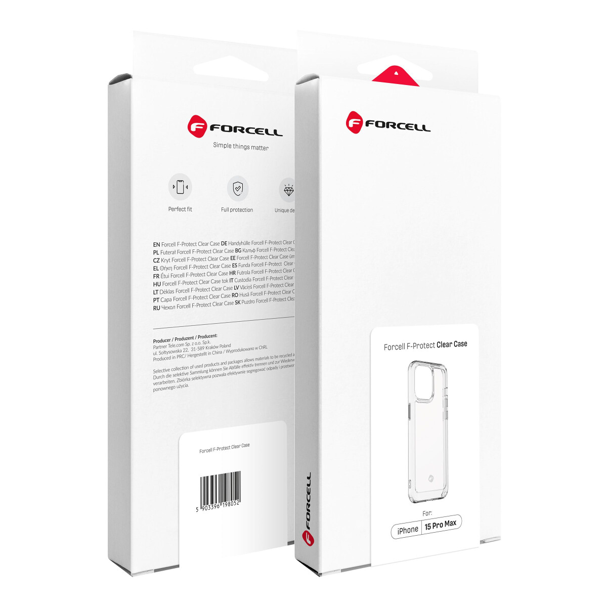 Zwei weiße Forcell-Boxen mit einer transparenten Handyhülle. Das Markenlogo und Produktdetails sind sichtbar.