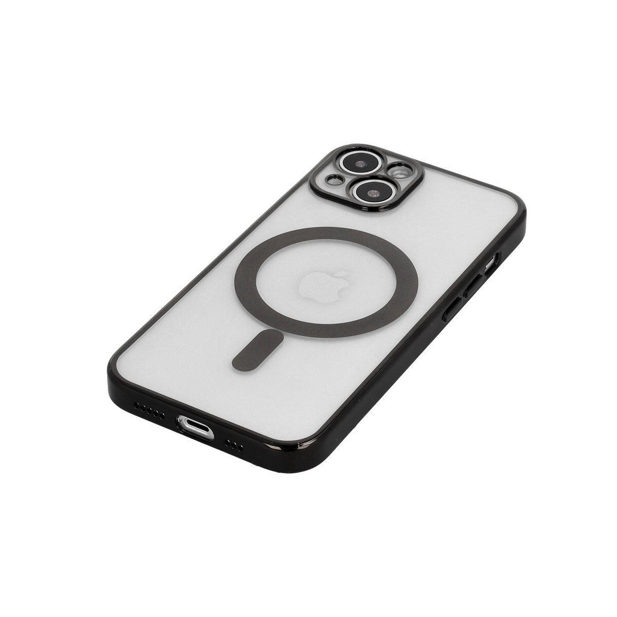 Eine iPhone-Hülle mit schwarzem Rahmen und klarer Rückseite mit Magnetring um das Apple-Logo.