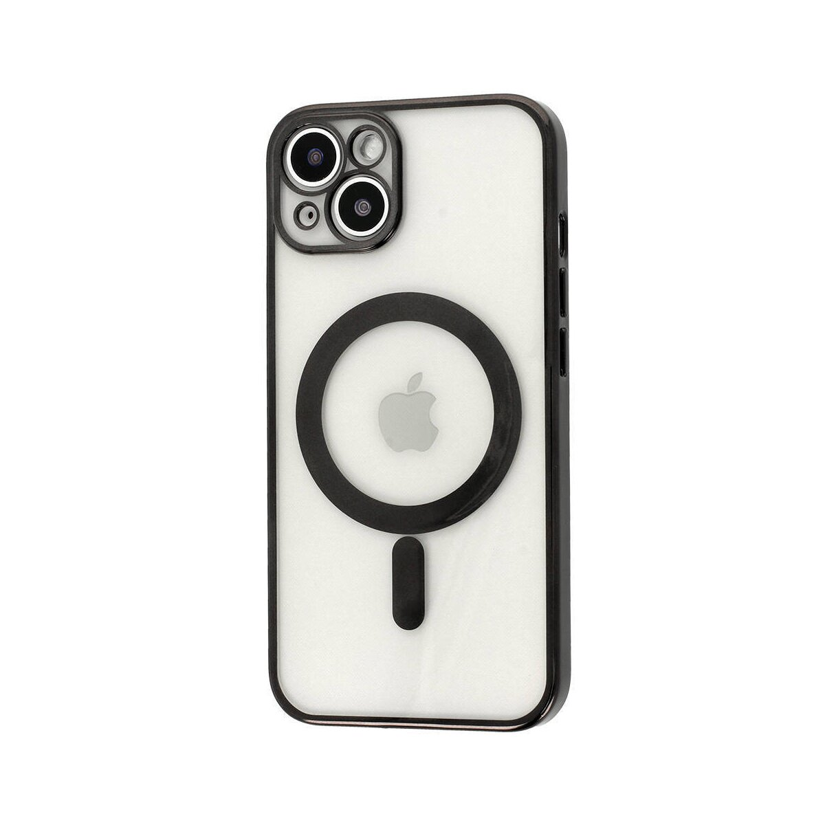 iPhone-Hülle: Transparente Rückseite, schwarzer Rahmen, schwarzer Kreis mit Apple-Logo, schwarzer Kameraring.