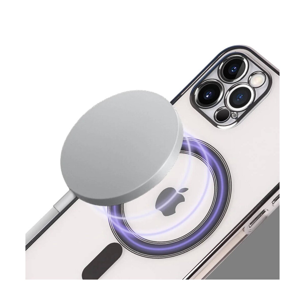 Nahaufnahme eines Telefons mit angeschlossenem magnetischen Ladegerät. Apple-Logo sichtbar, Ladekreis.