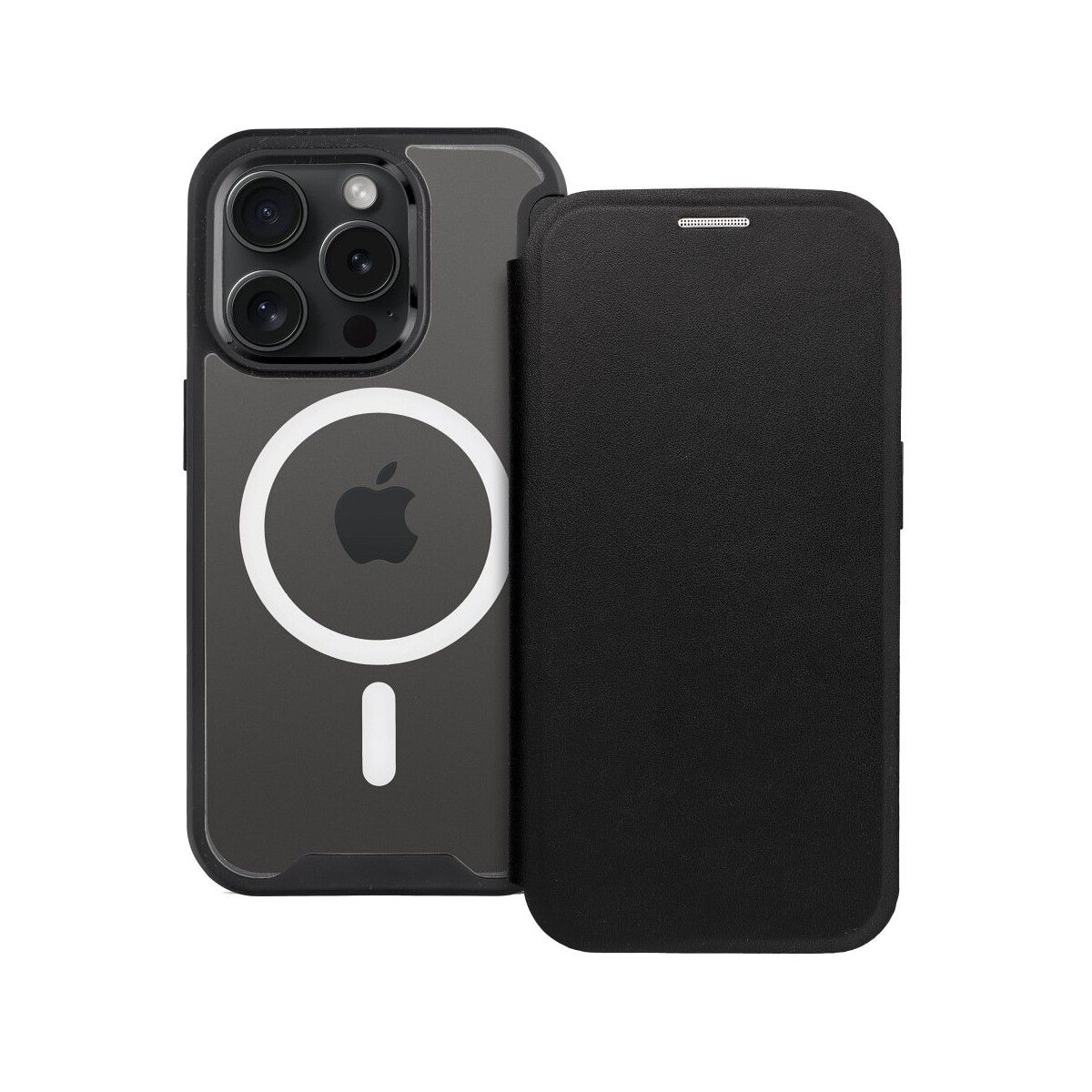 Custodia nera per telefono con coperchio. Logo Apple visibile. Cornice grigio scuro.