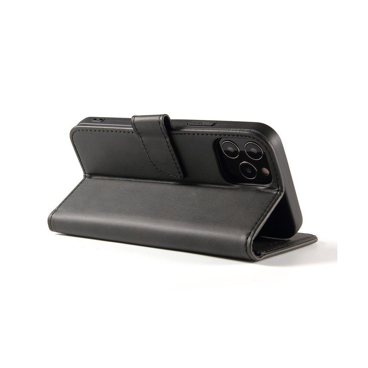 Eine schwarze Handyhülle mit aufgeklappter Klappe. Das Telefon ist sichtbar und die Hülle ist lederartig.