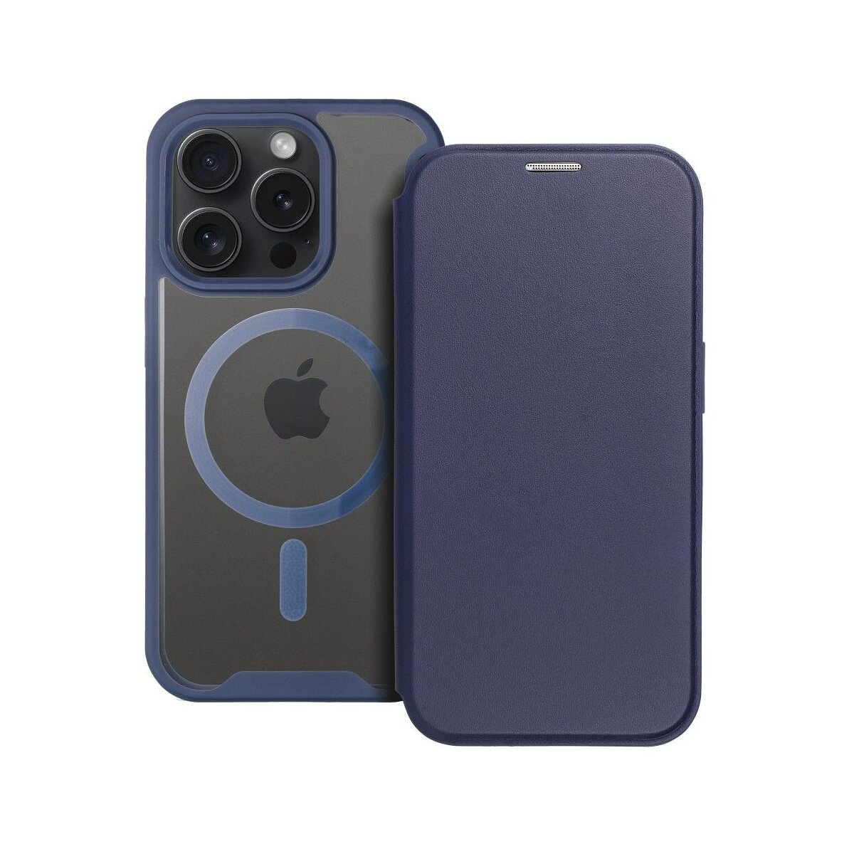 Custodia blu per telefono con telefono dentro, mostrando retro e cover.