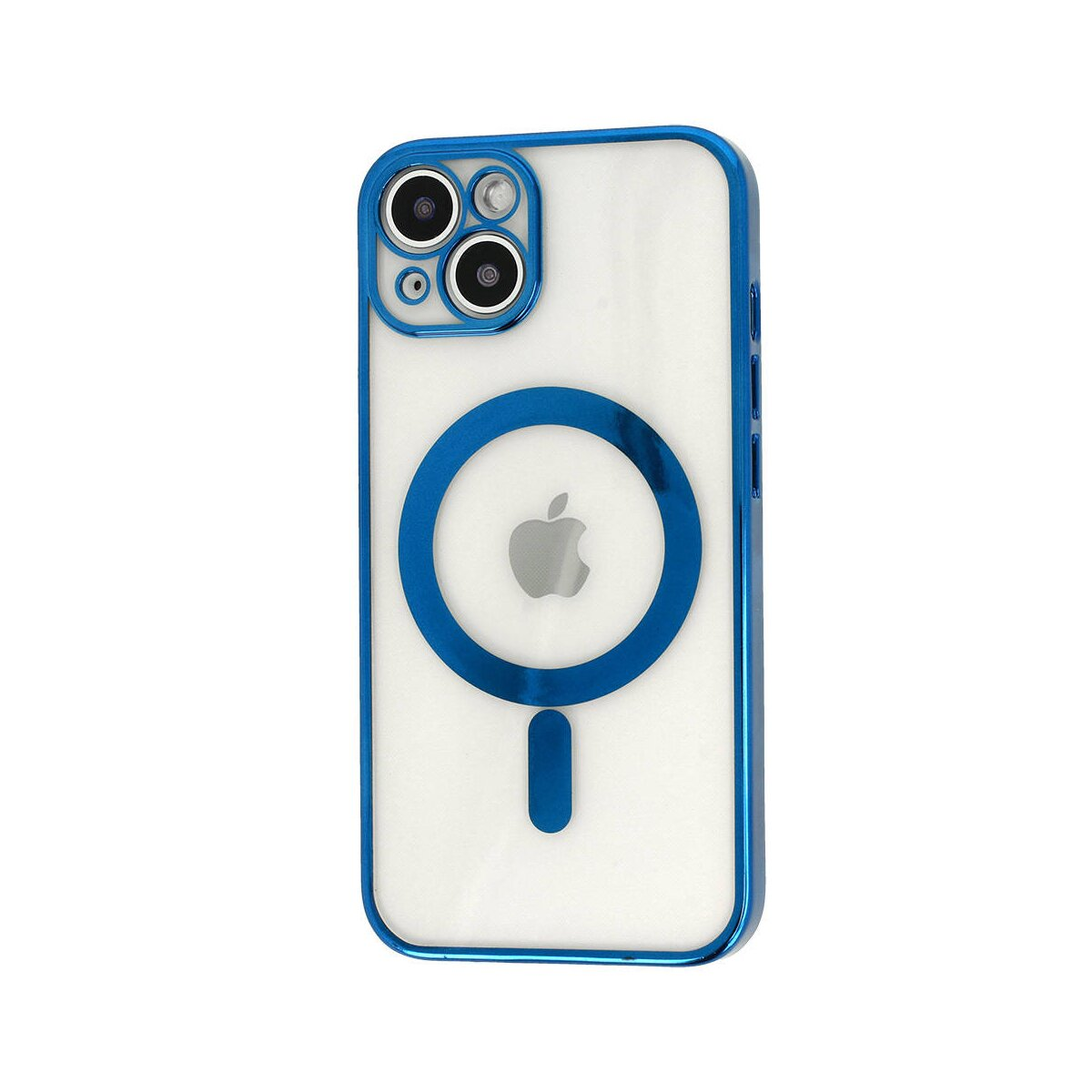 Transparente Handyhülle mit blauem Rand und Apple-Logo. Weißer Hintergrund.