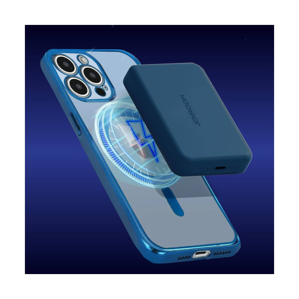 Blaues Telefon mit einer blauen Powerbank.