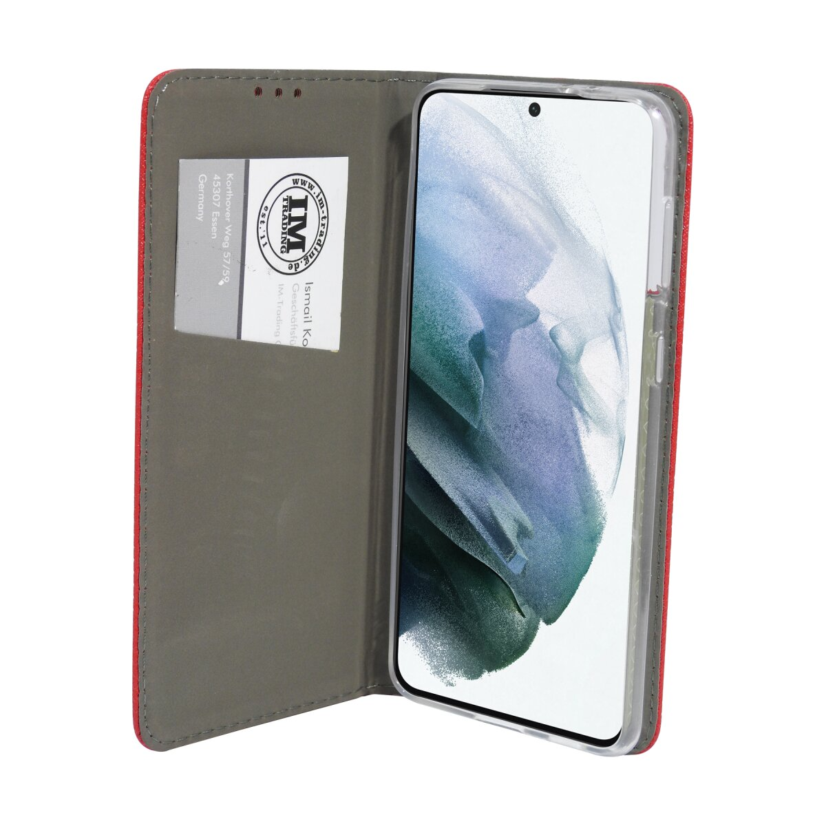 Rote und graue Handyhülle mit Telefon und Karte.