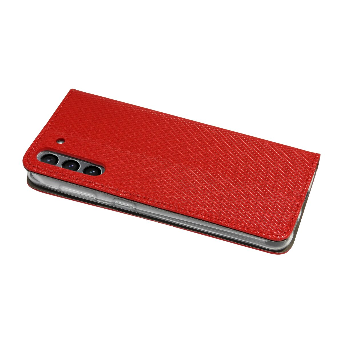 Eine rote Handyhülle, offen, mit einem Telefon darin. Die Hülle ist strukturiert, mit Kameraausschnitt.