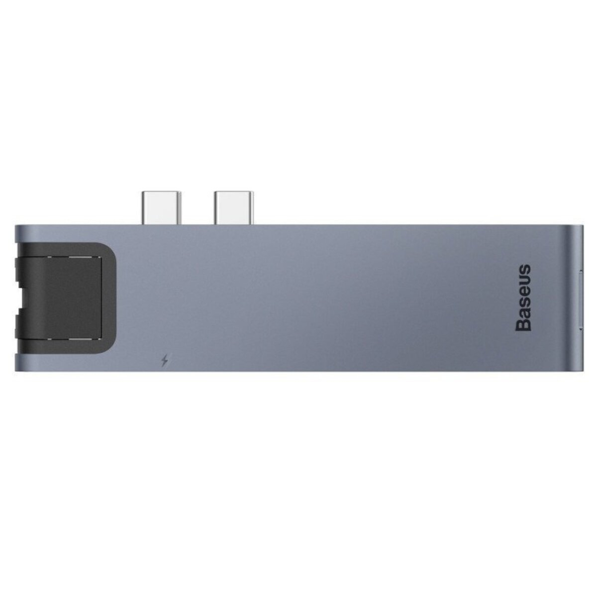 Un adattatore multi-porta Baseus. È grigio scuro e ha più porte. Sfondo: bianco.