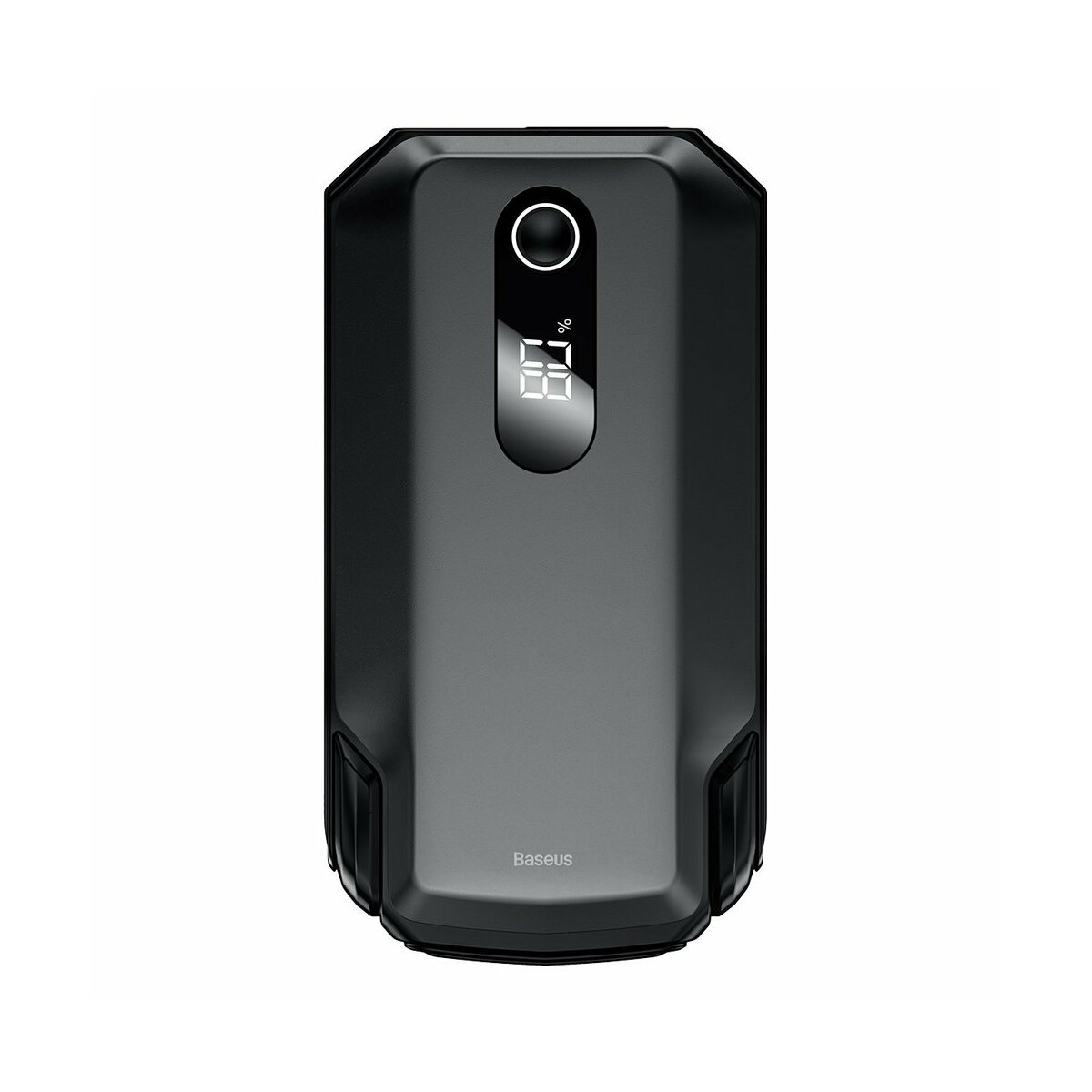 Czarny power bank z wyświetlaczem cyfrowym i logo Baseus.