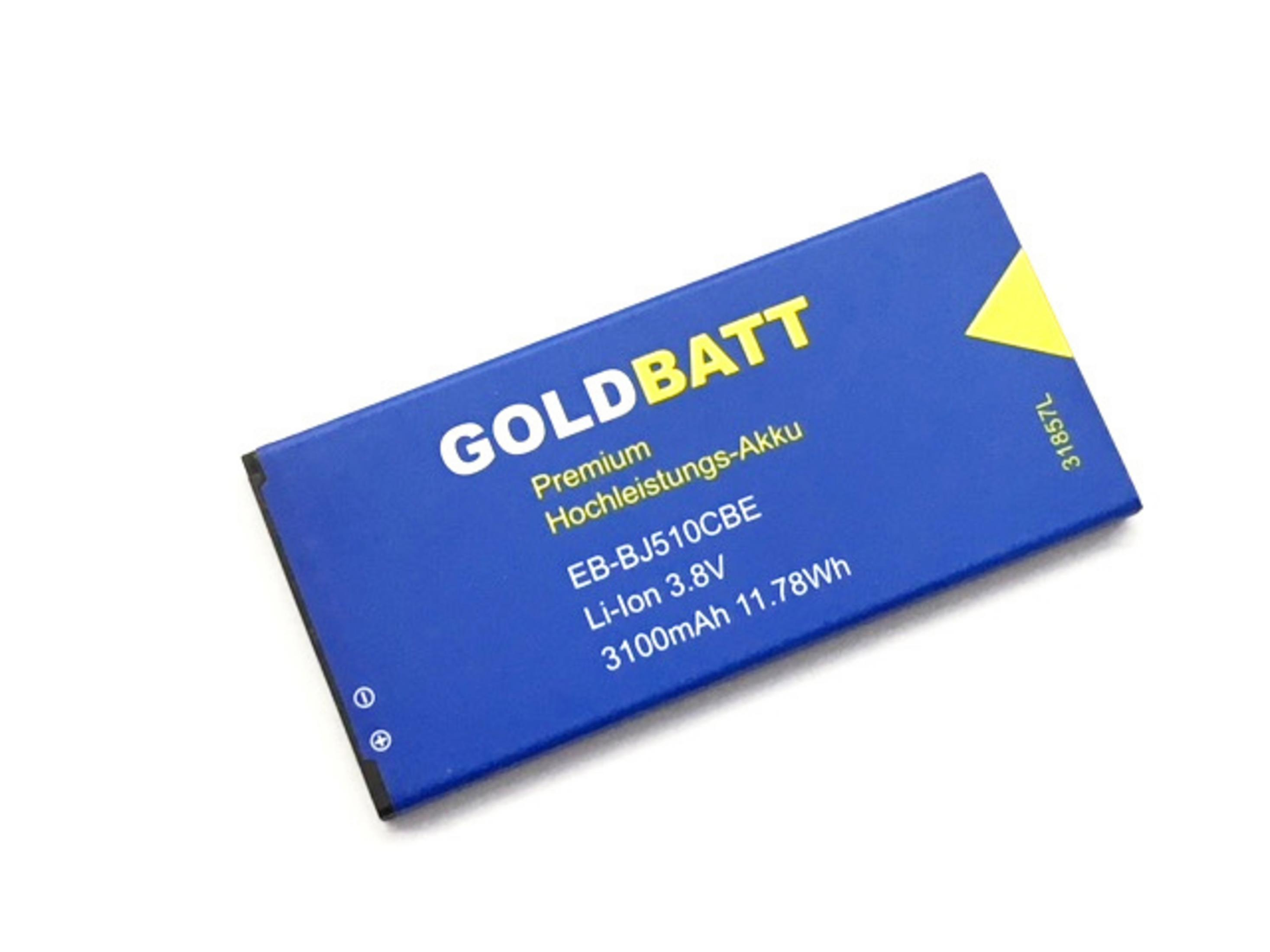 Blaue rechteckige Batterie. Der Text darauf lautet Goldbatt, Premium und weitere Details.