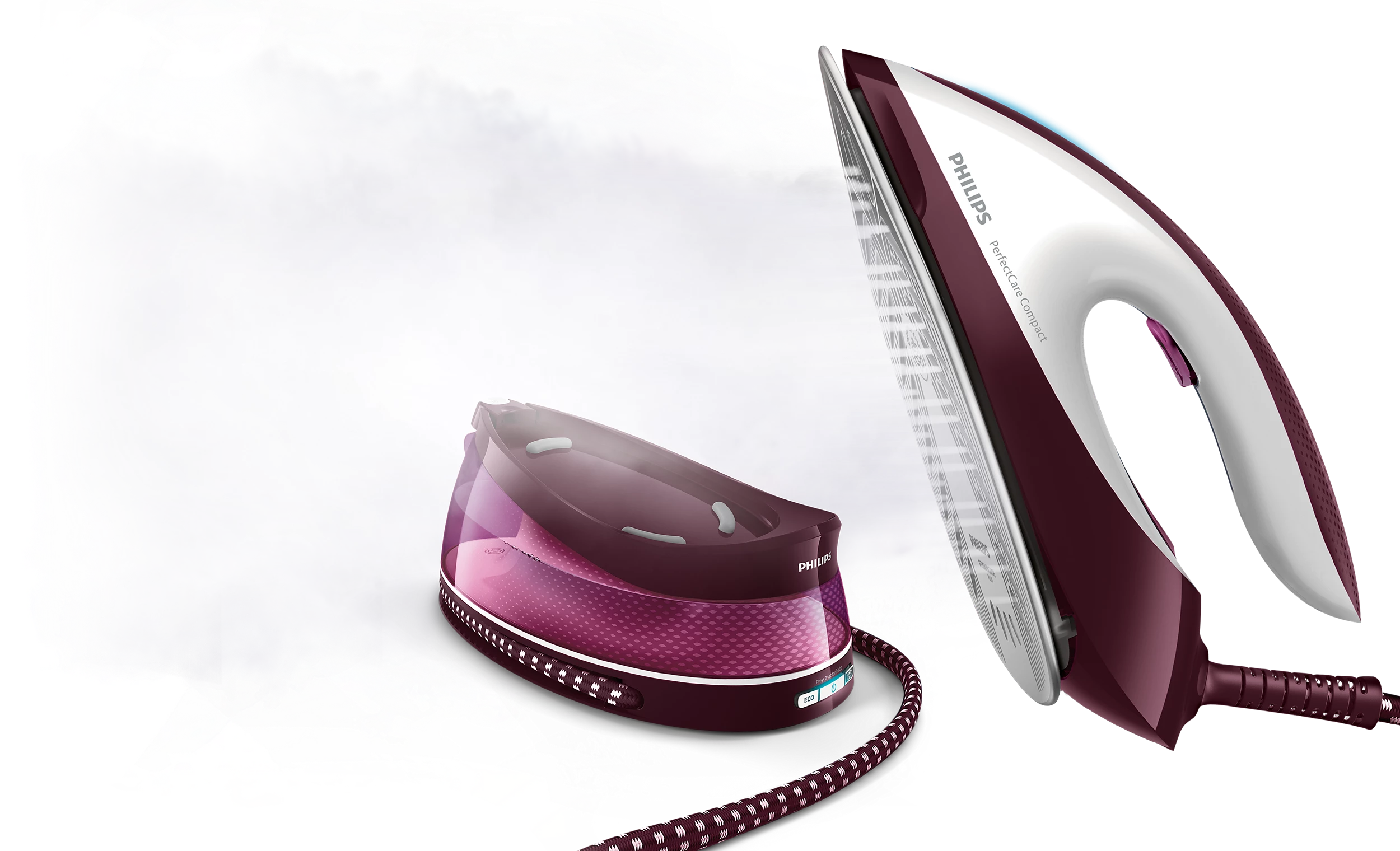 Fer à repasser Philips PerfectCare Compact avec vapeur, fond blanc.