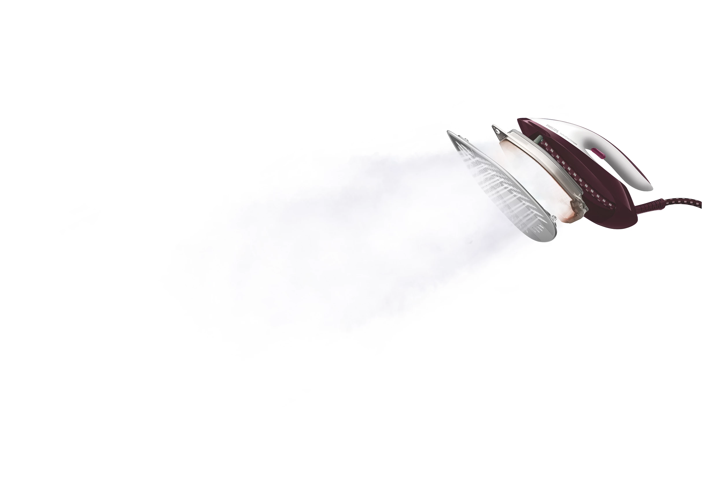 Un fer à repasser bordeaux et blanc avec de la vapeur, isolé sur fond blanc. Le fer a un design unique.