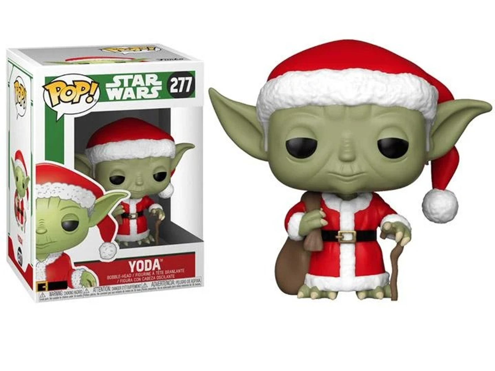 Figura Yoda Funko Pop, en caja y fuera, disfrazada de Santa. Piel verde, traje rojo y un saco.