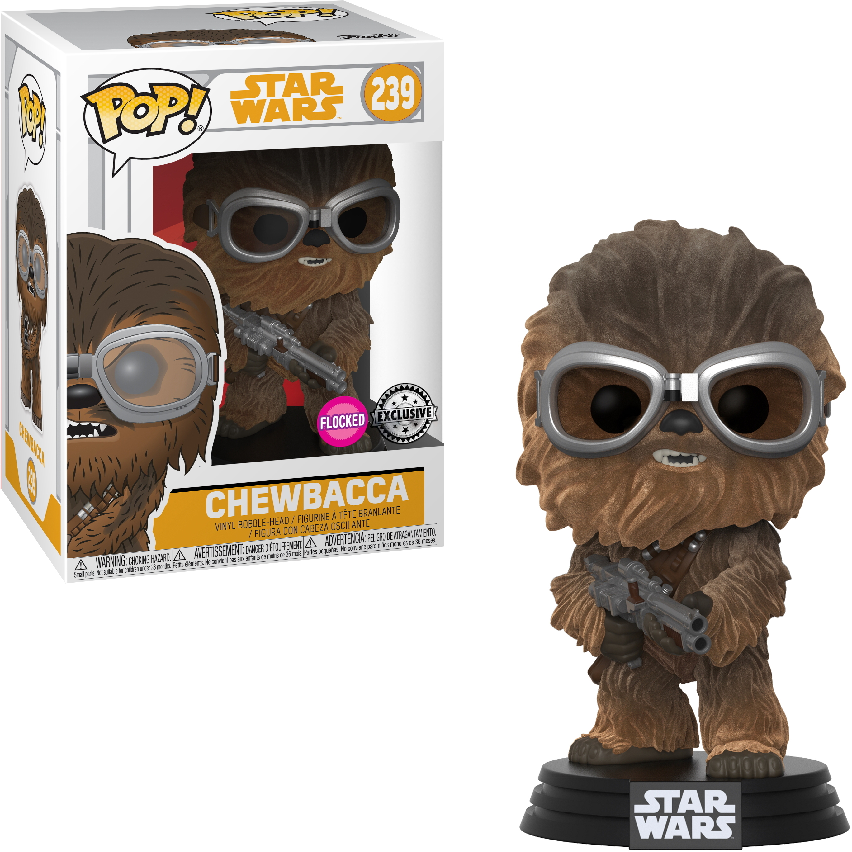 Chewbacca-Figur mit Brille und Blaster, mit Schachtel. Braunes Fell, schwarzer Sockel. Star Wars Pop!