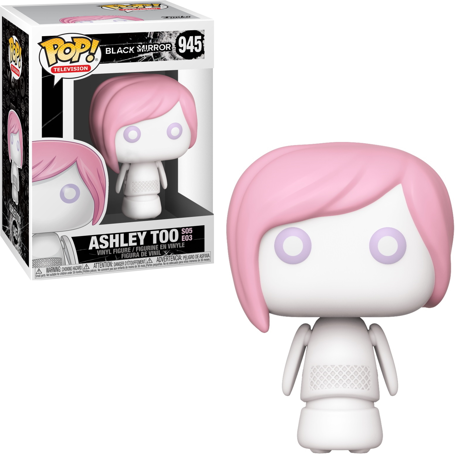 Biała figurka Ashley Too z Black Mirror z różowymi włosami i pudełkiem.