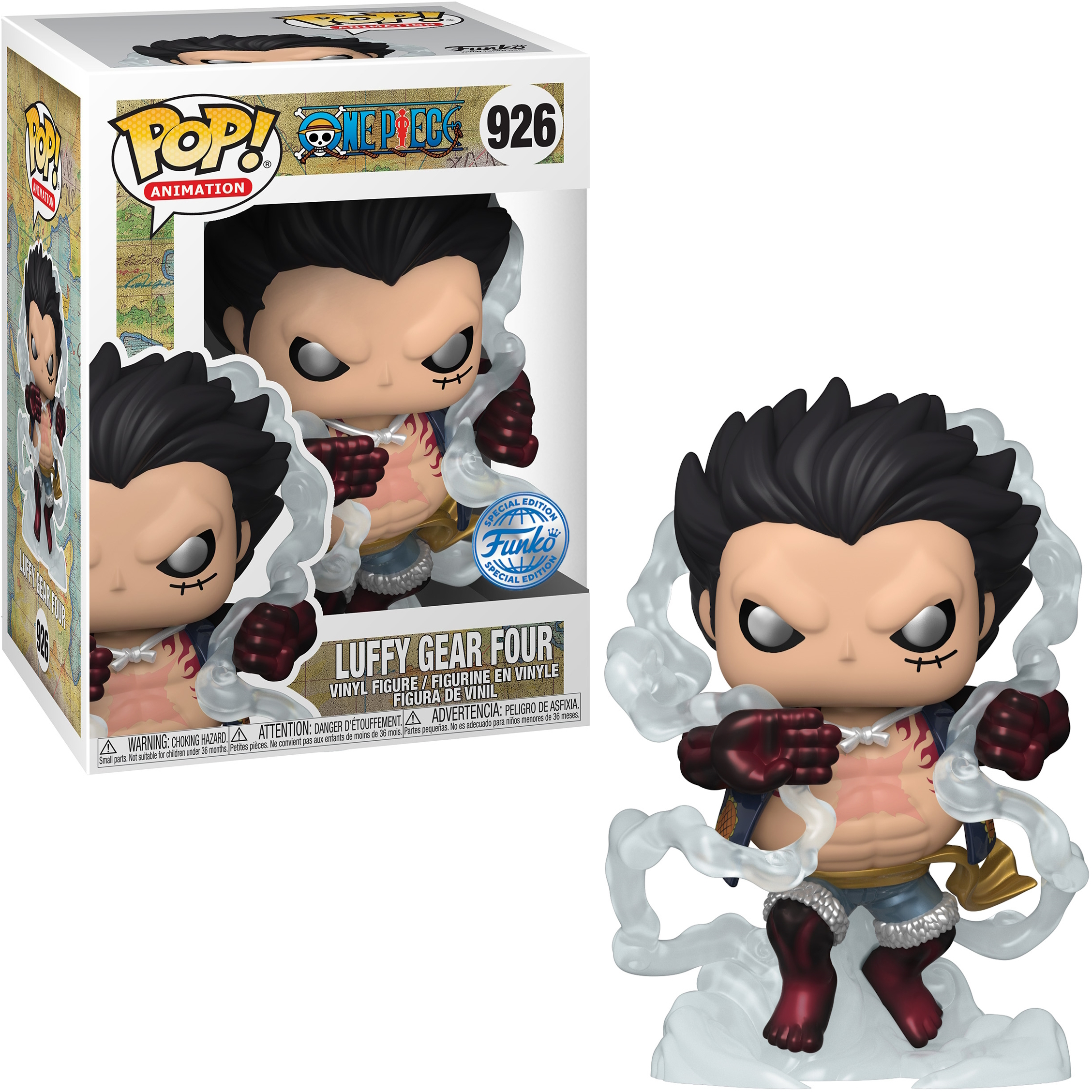 Figurka Funko Pop Luffy Gear Four w pudełku, z Luffy w pozycji akcji.