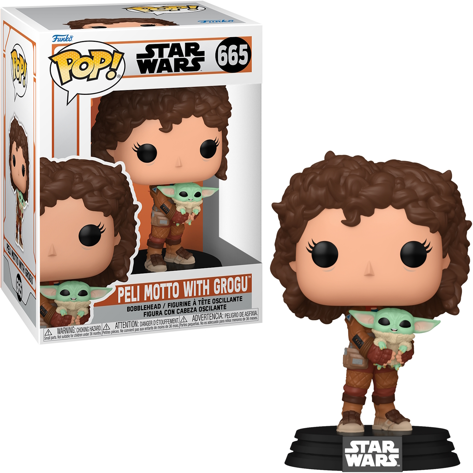 Figura Funko Pop di Peli Motto che tiene Grogu di Star Wars, in una scatola con altre immagini.