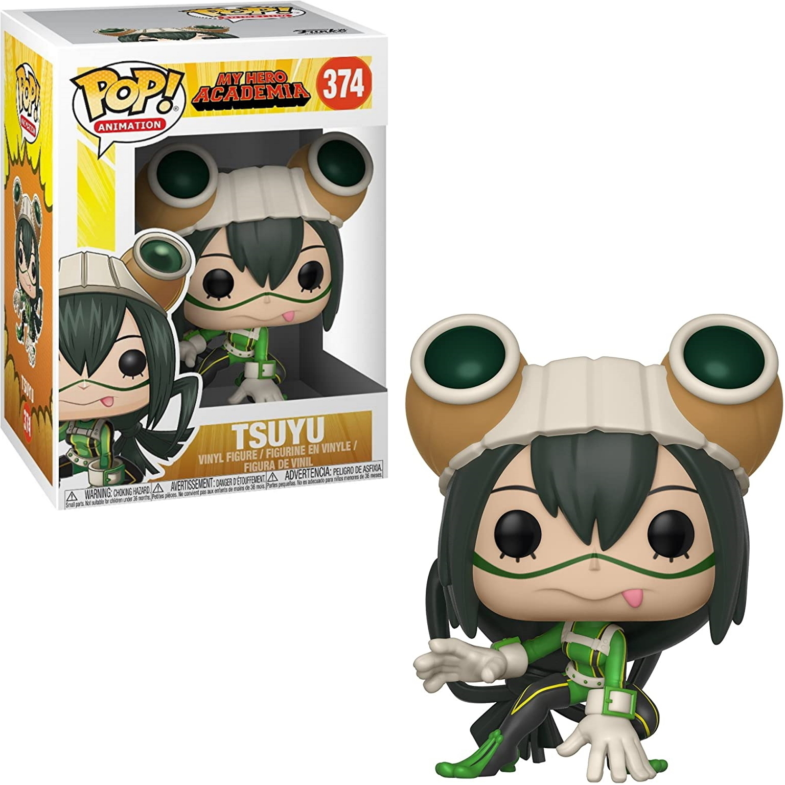 Pudełko Funko Pop My Hero Academia, figurka Tsuyu Asui w kolorach zieleni i bieli.