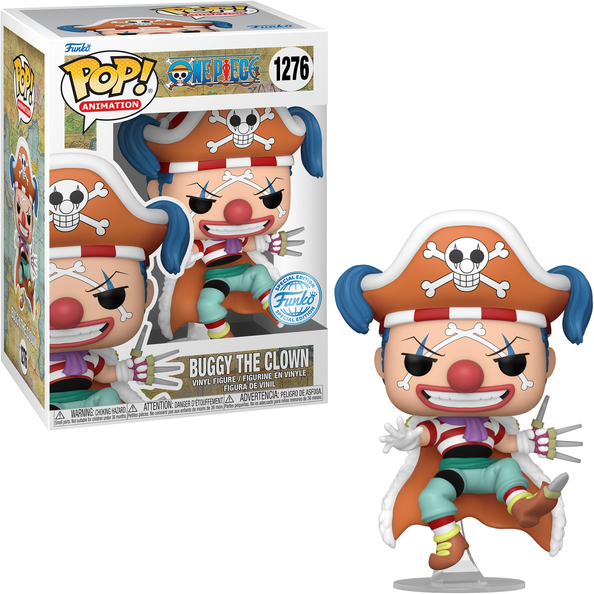 Figurka Buggy the Clown Funko Pop w pudełku, z figurką wystawioną obok pudełka.