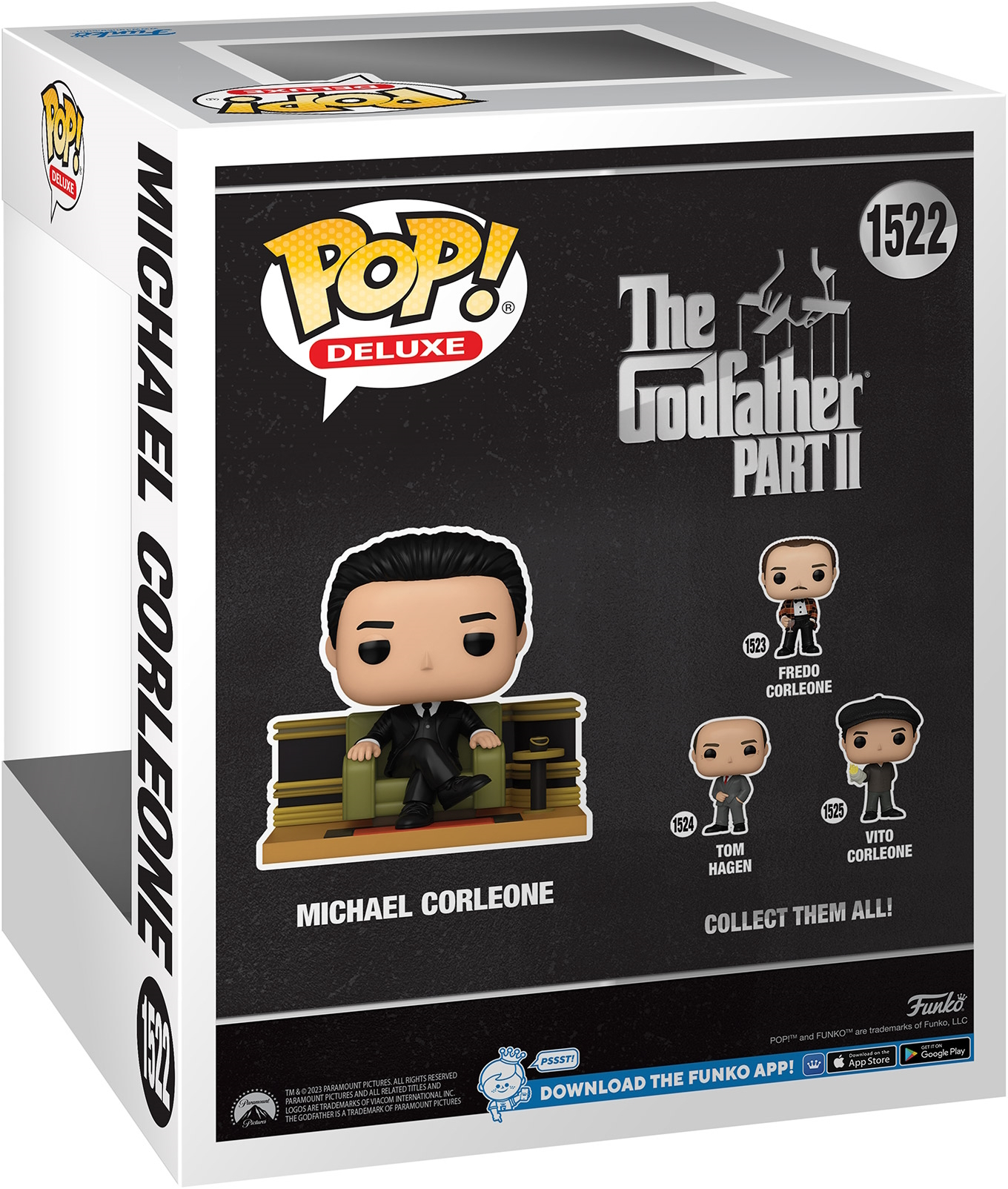 Una scatola Funko Pop! Mostra Michael Corleone e altri personaggi de Il Padrino.