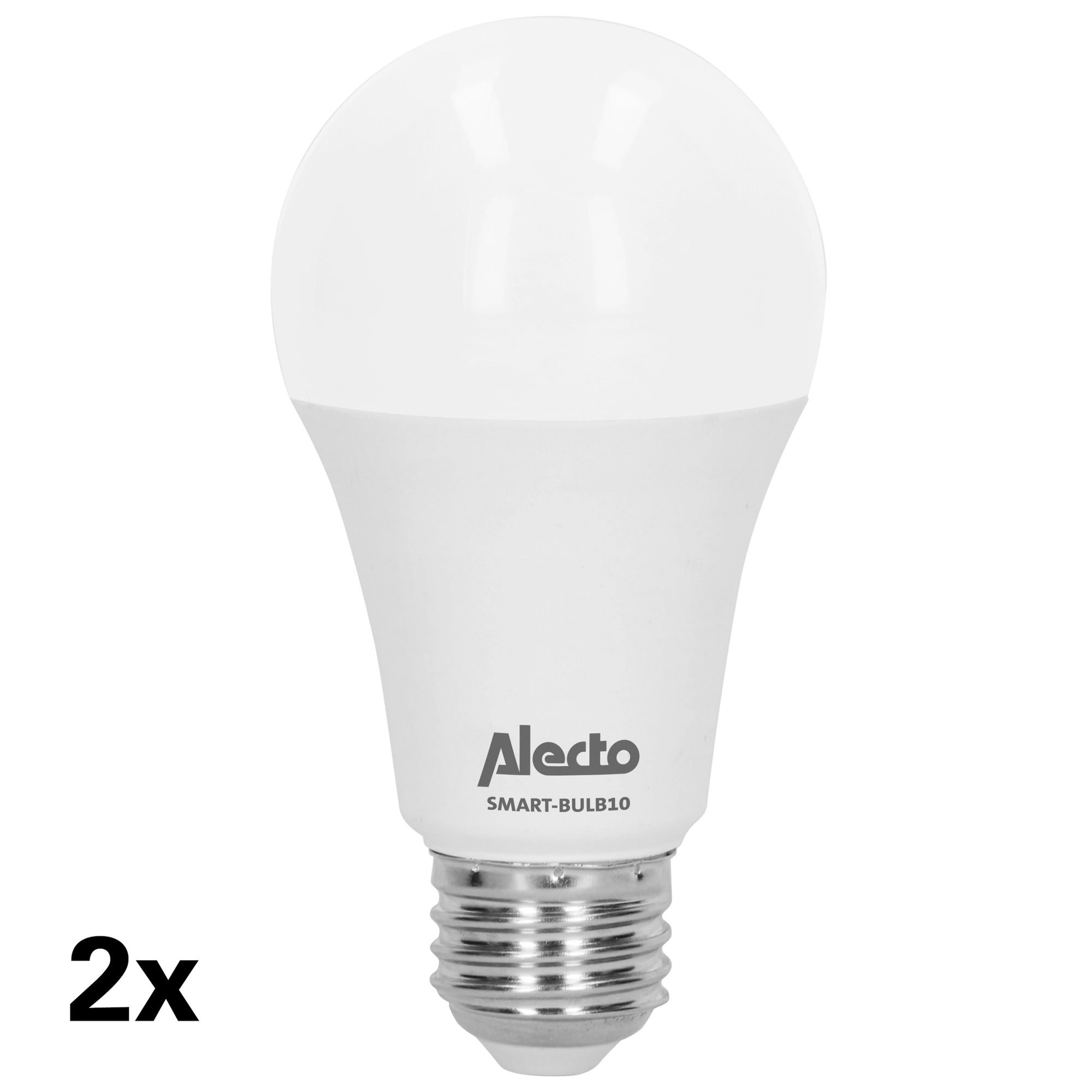 Eine weiße Alecto Smart-Bulb10 Glühbirne mit der Aufschrift '2x'.