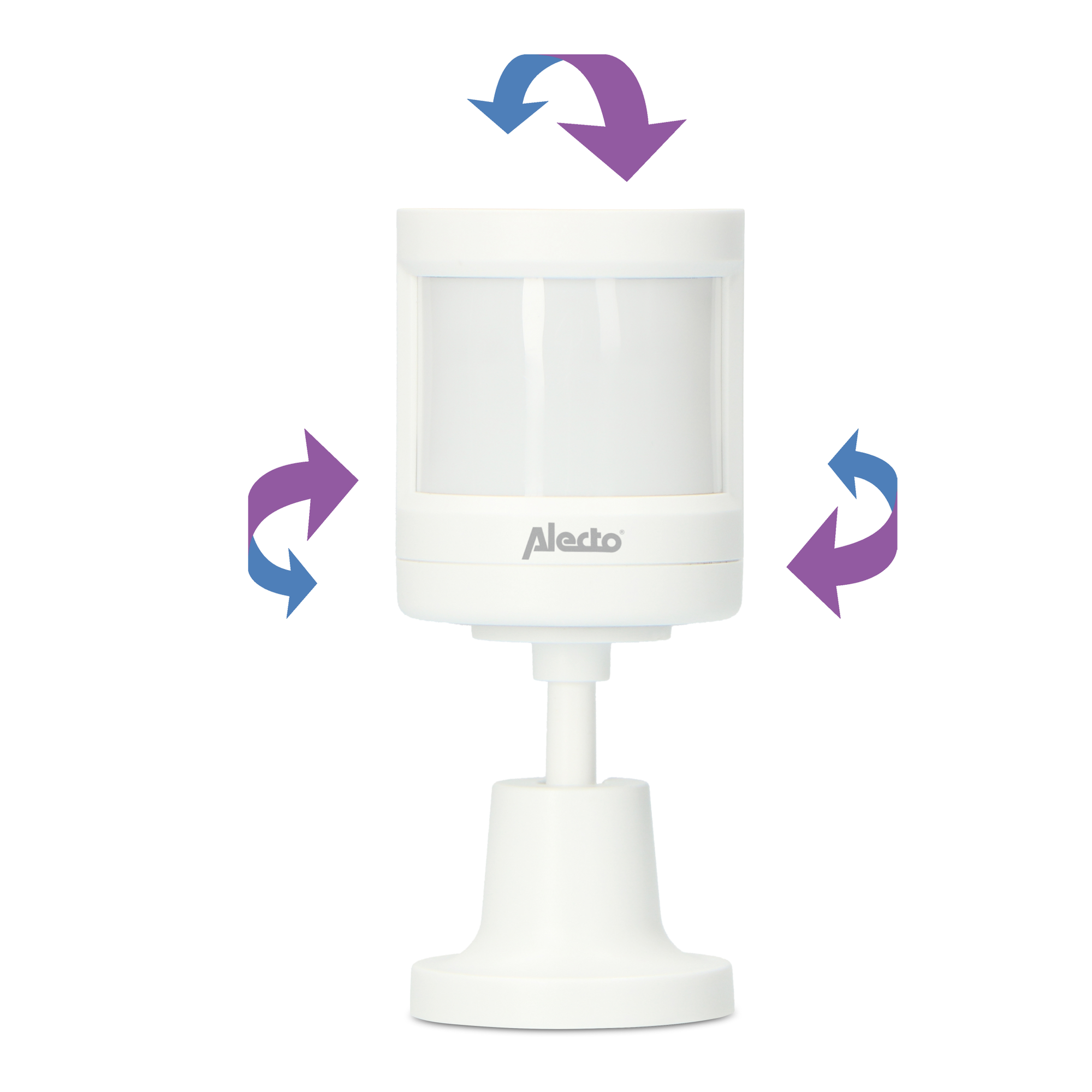 White motion sensor with arrows around it. The brand name is Alecto.
