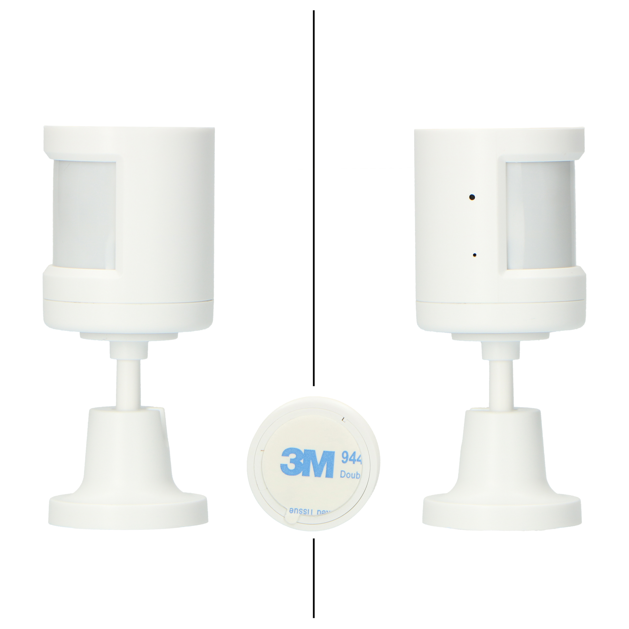 Two white cylindrical motion sensors with a double-sided adhesive pad.