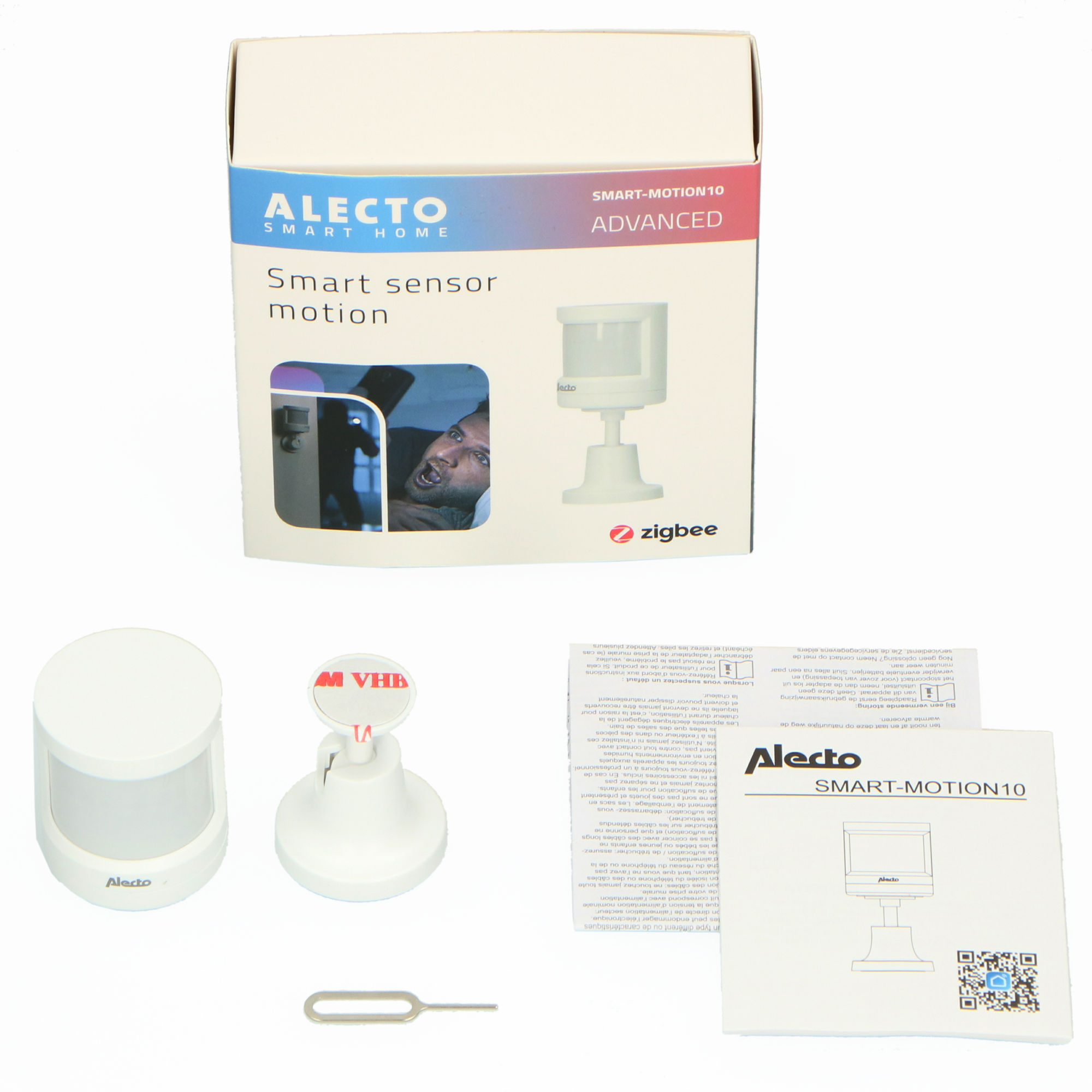 Alecto Smart sensor motion kit. Includes the sensor, mounting accessories, and instructions. White background.
