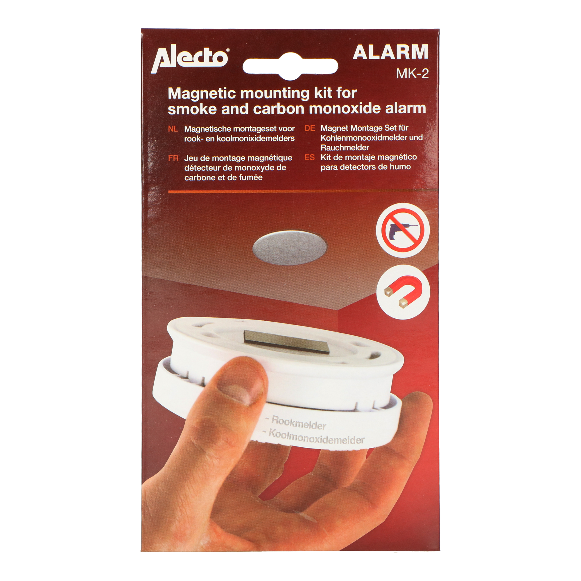 Una scatola con un allarme fumo e monossido di carbonio, con testo multilingue.