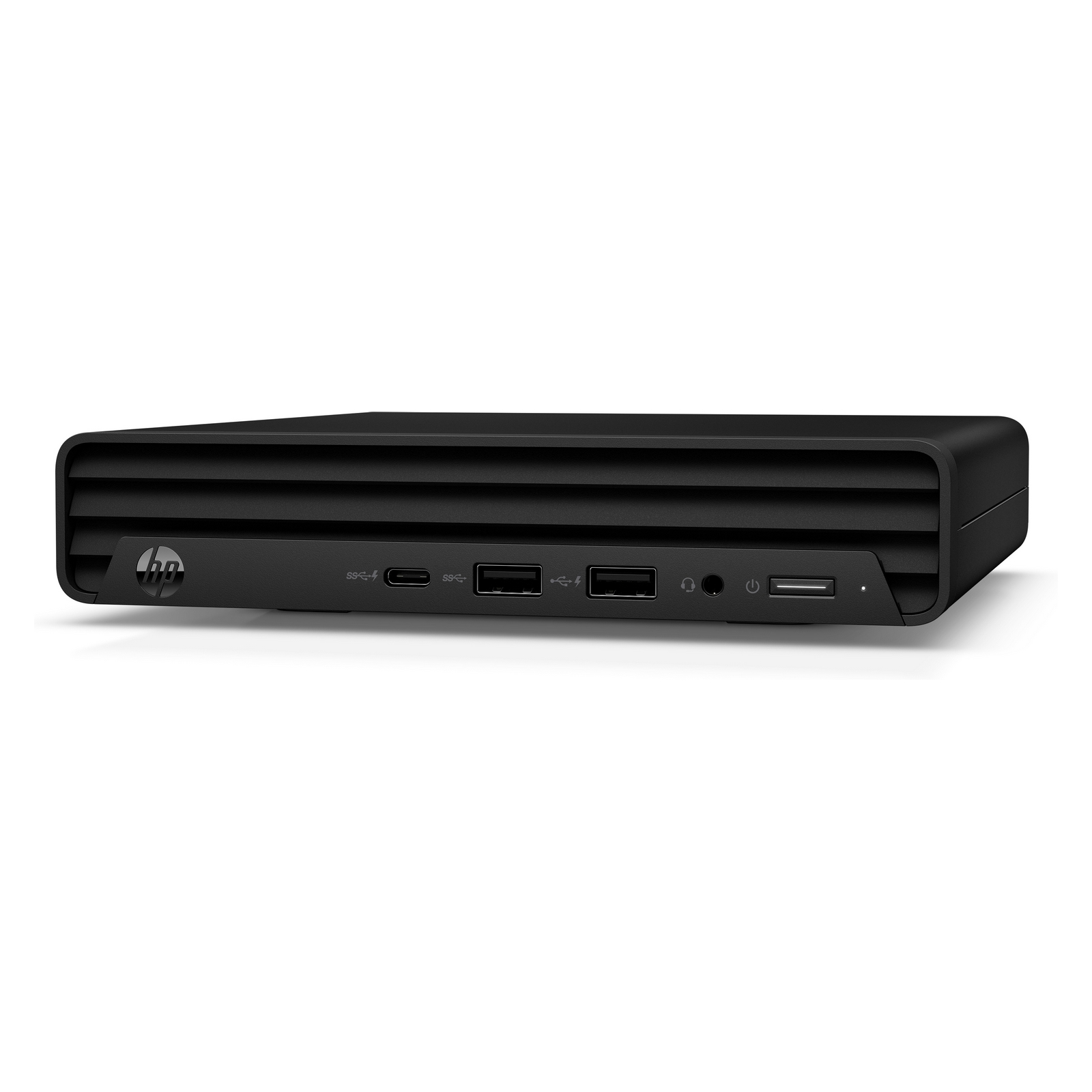 Mini PC HP nero. Fattore di forma ridotto, con varie porte visibili sulla parte anteriore e posteriore.