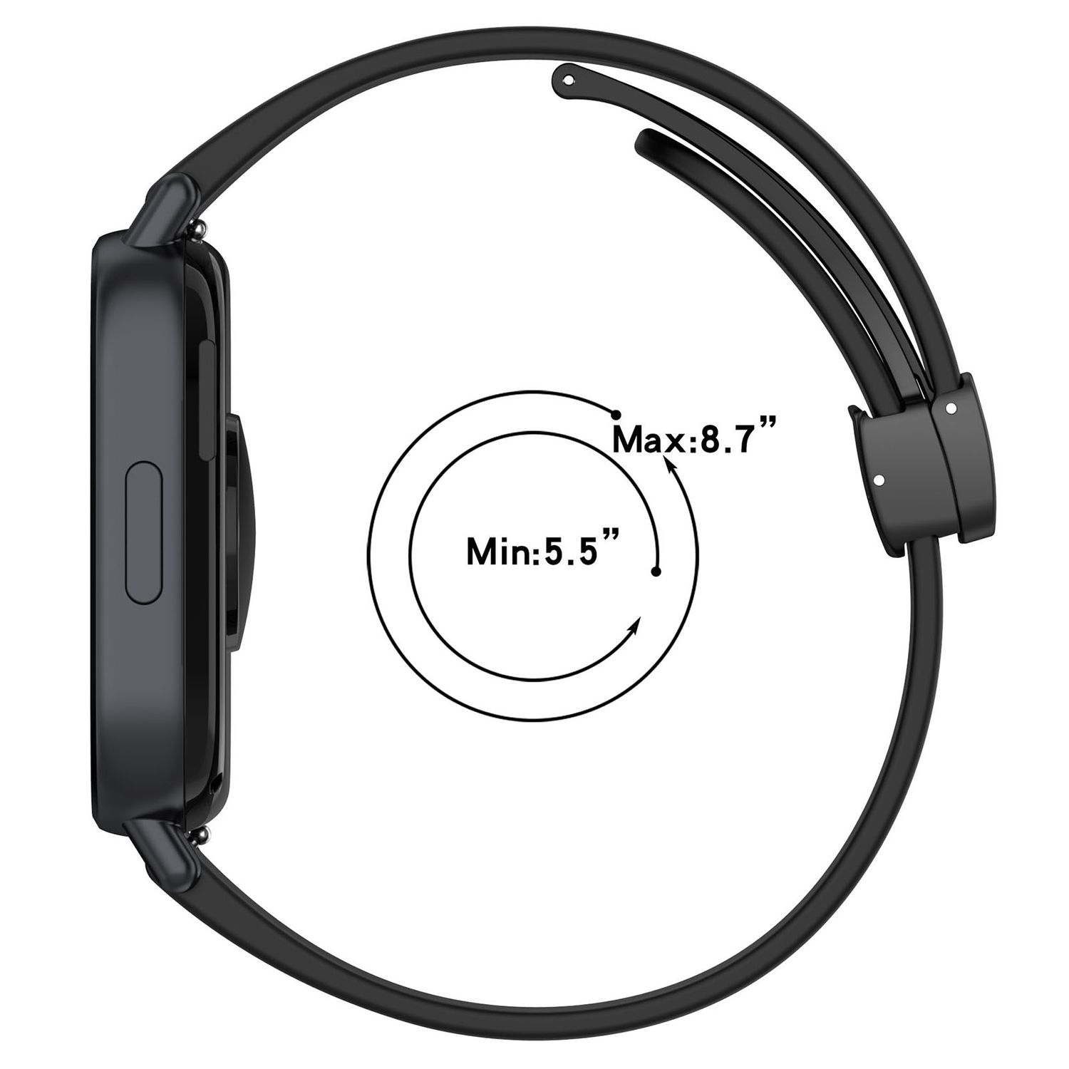 Eine schwarze Smartwatch mit kreisförmigem Display, zeigt Größenmessungen in Zoll.