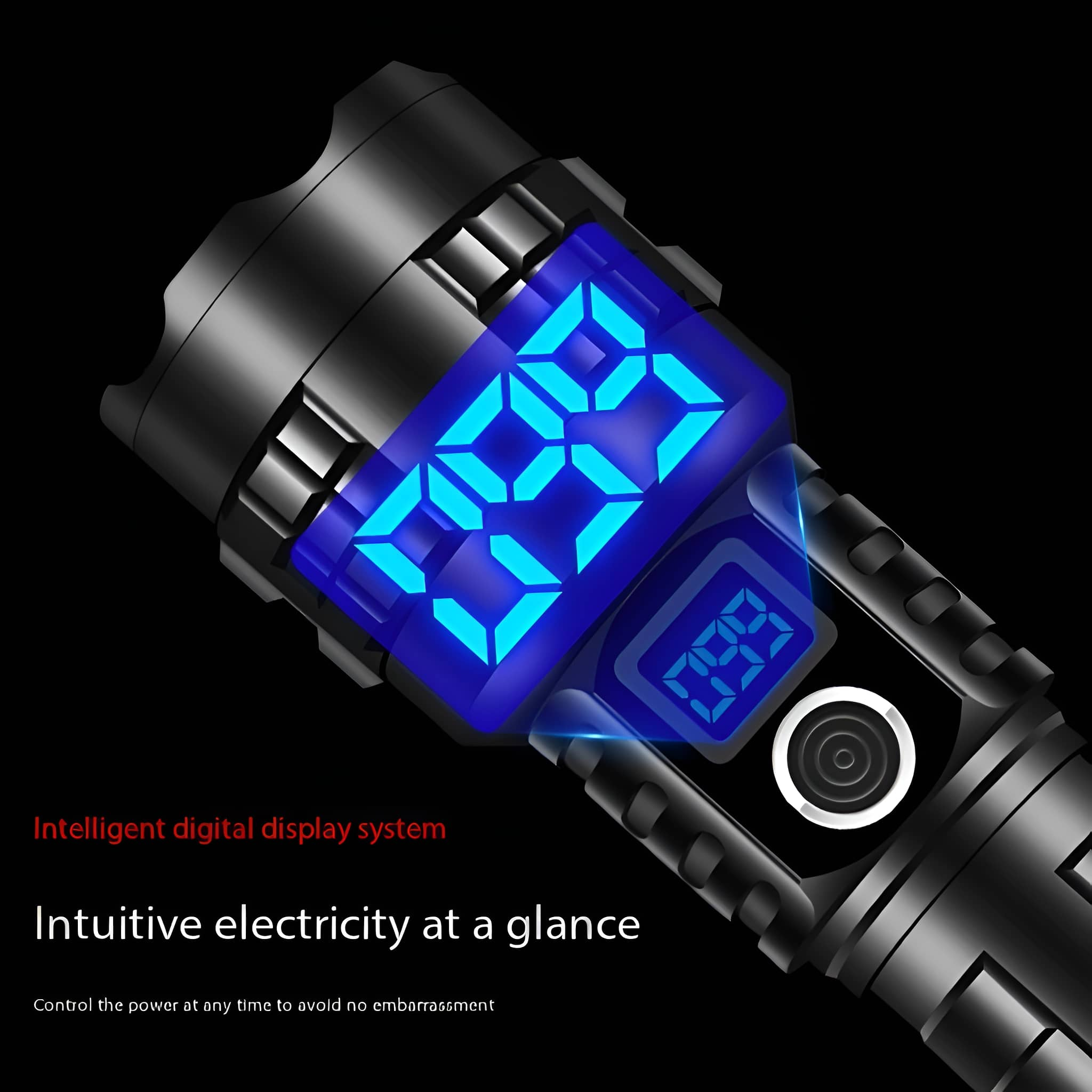 Eine schwarze Taschenlampe mit blauem Digitaldisplay, das Zahlen zeigt, mit beschriftetem Text.