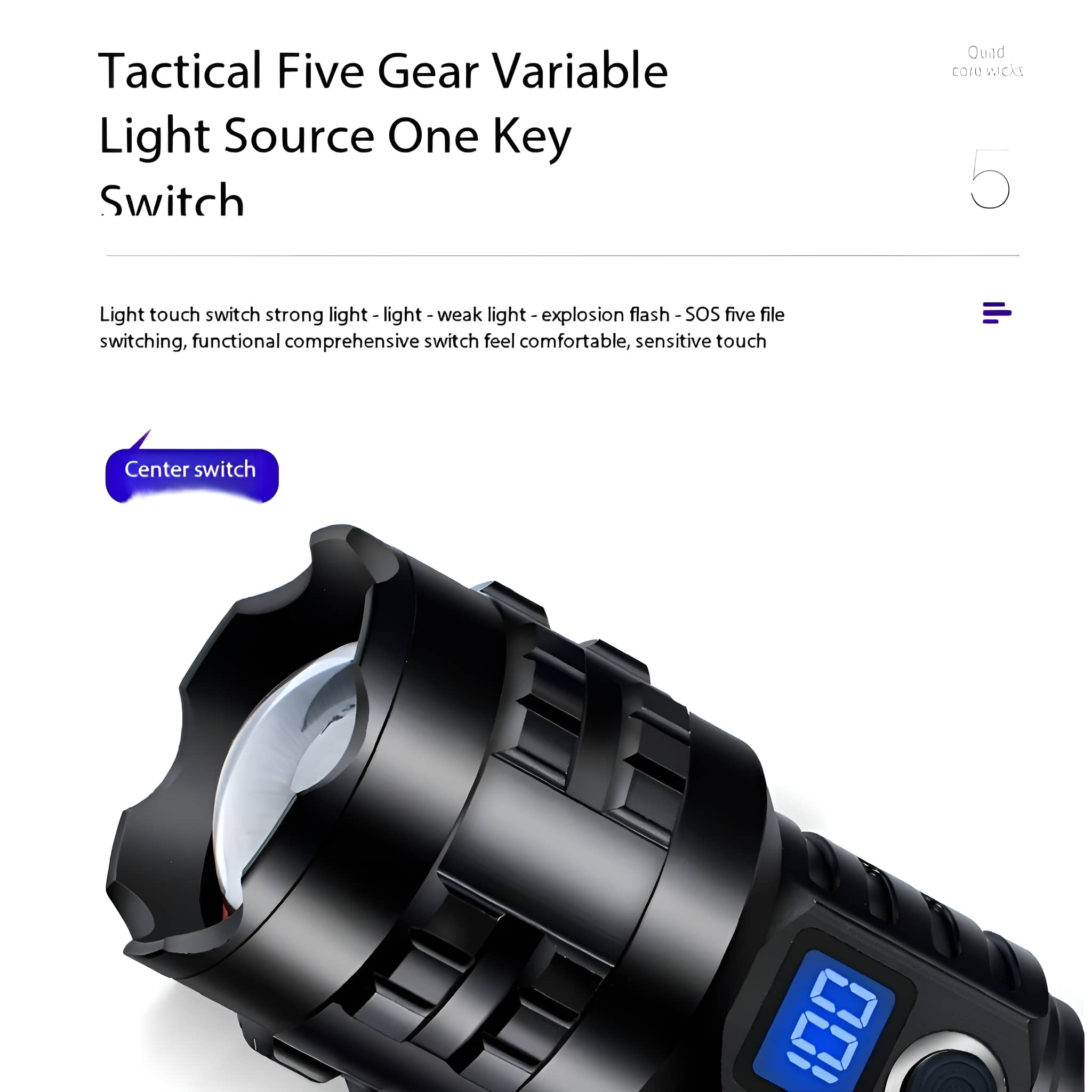 Eine schwarze Taschenlampe mit blauem LED-Display, der Text lautet Mittelschalter.