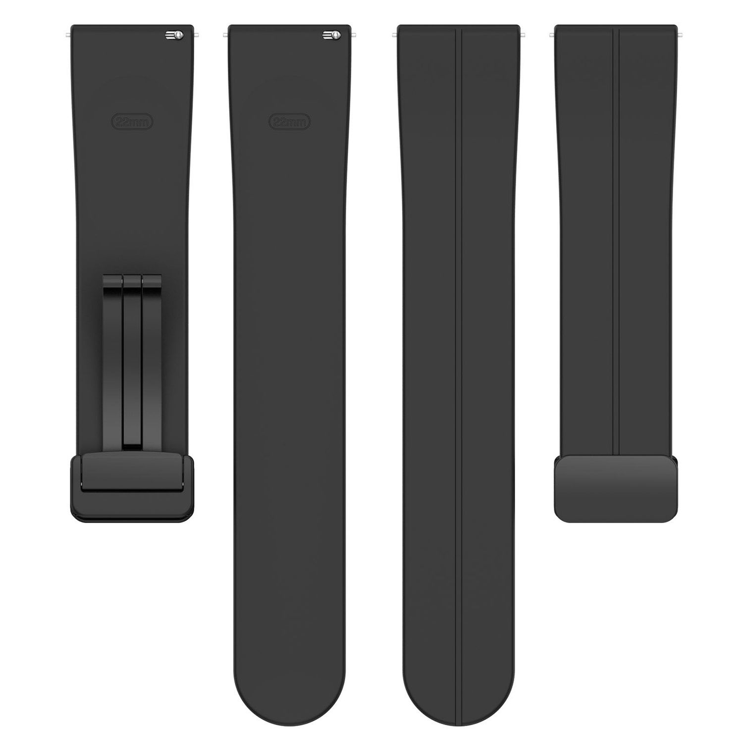Vier schwarze Uhrenarmbänder, zwei mit Schnallen, auf weißem Hintergrund.