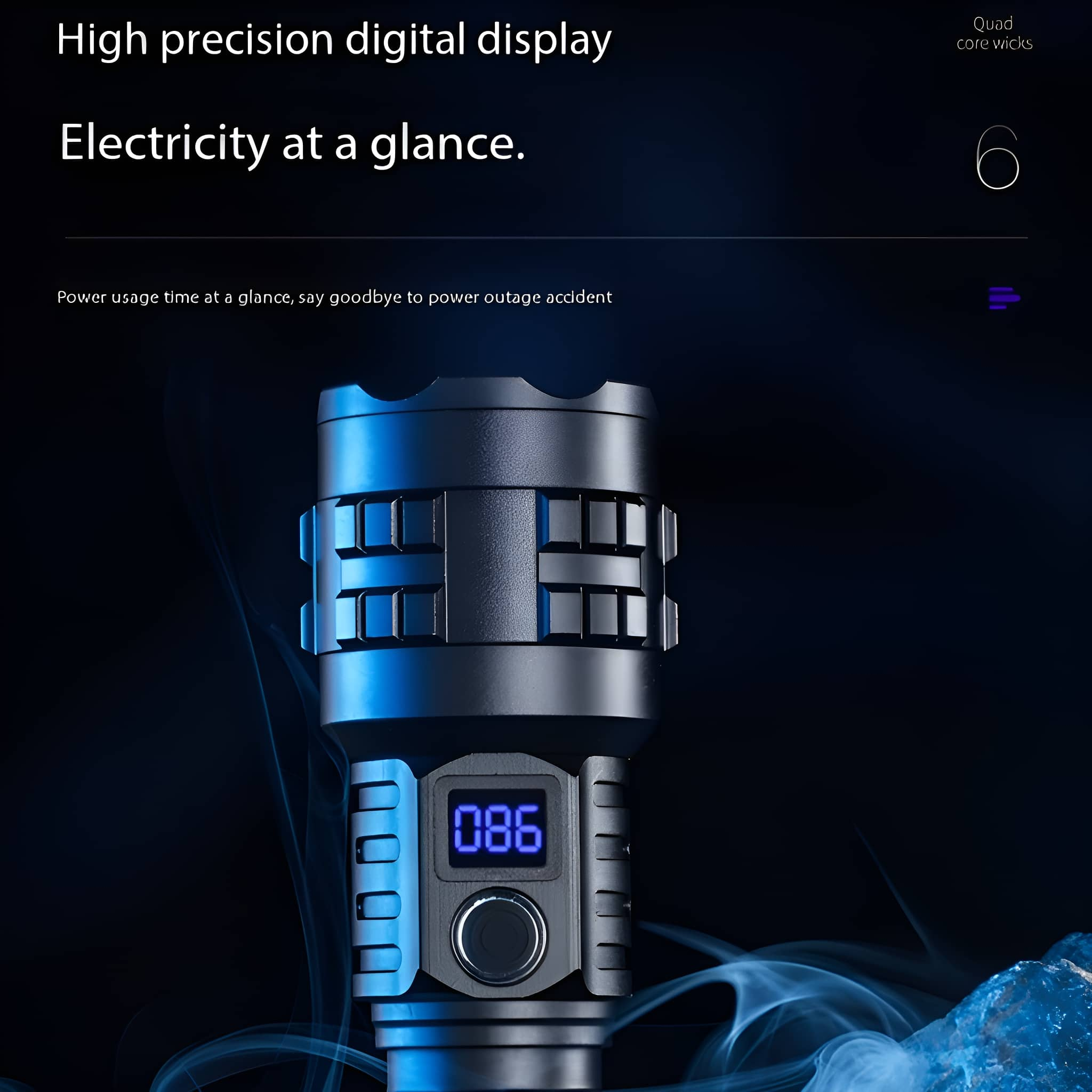 Schwarze Taschenlampe mit Digitalanzeige, die 086 anzeigt.