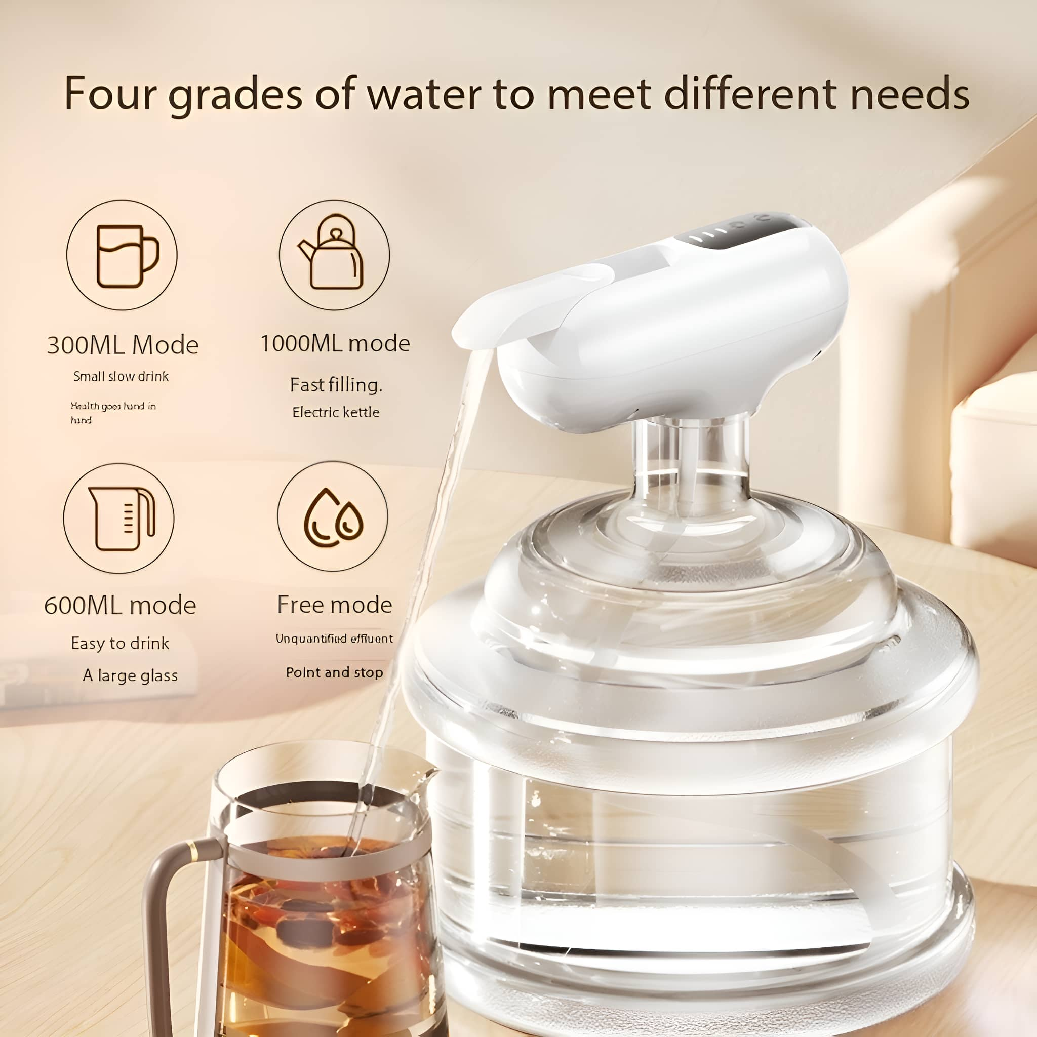 Weißer Wasserspender mit vier Modi, ein Glas Tee im Vordergrund.