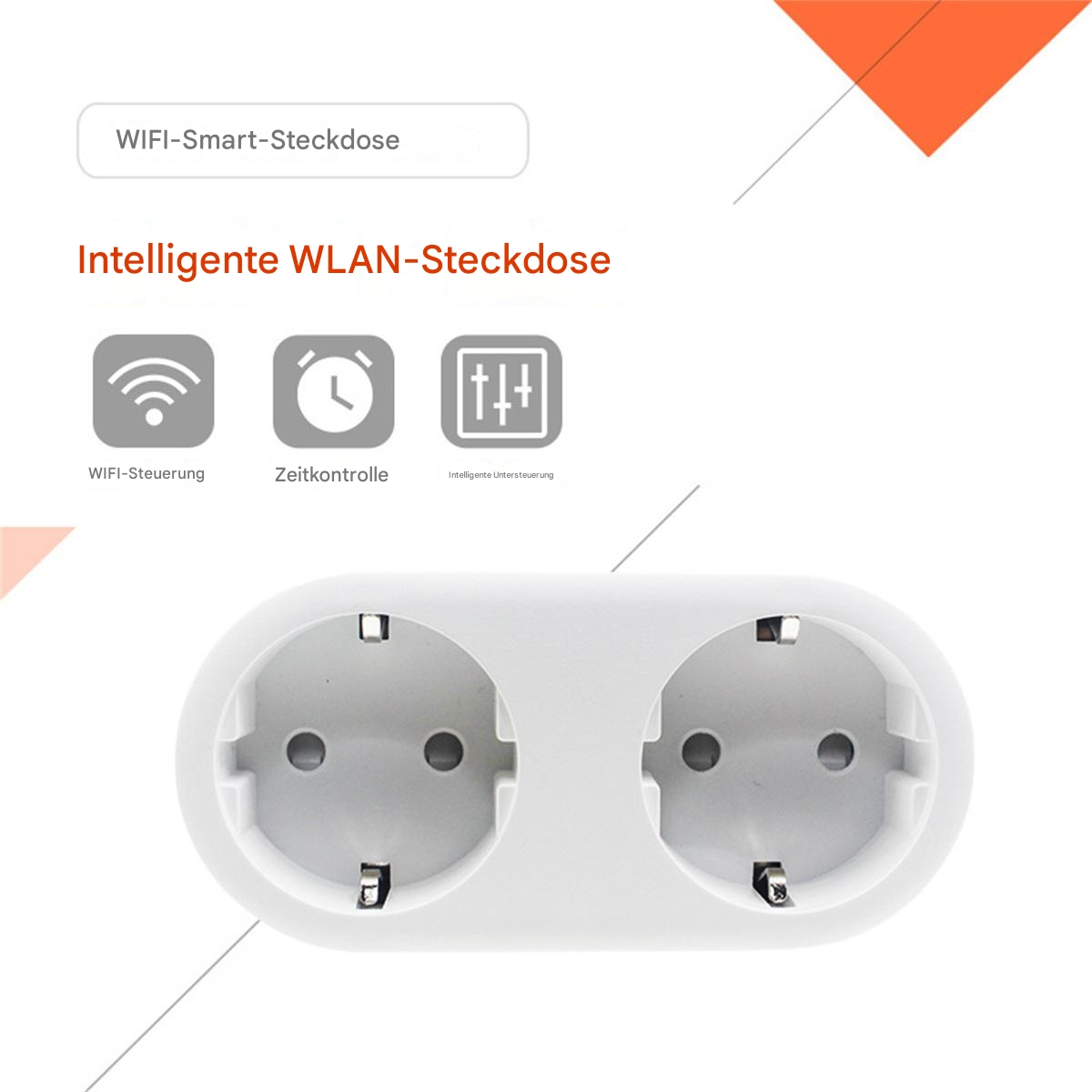 Eine weiße intelligente Steckdose mit zwei Steckdosen. Der Text 'WiFi Smart Socket' wird angezeigt.