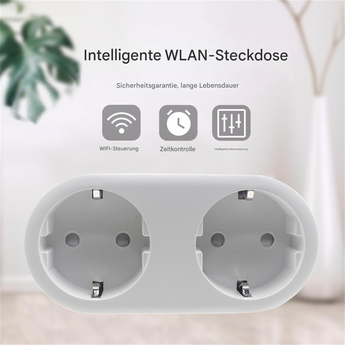 Weißer Smart-Stecker mit zwei Steckdosen. Symbole für WLAN, Timer und Steuerung.