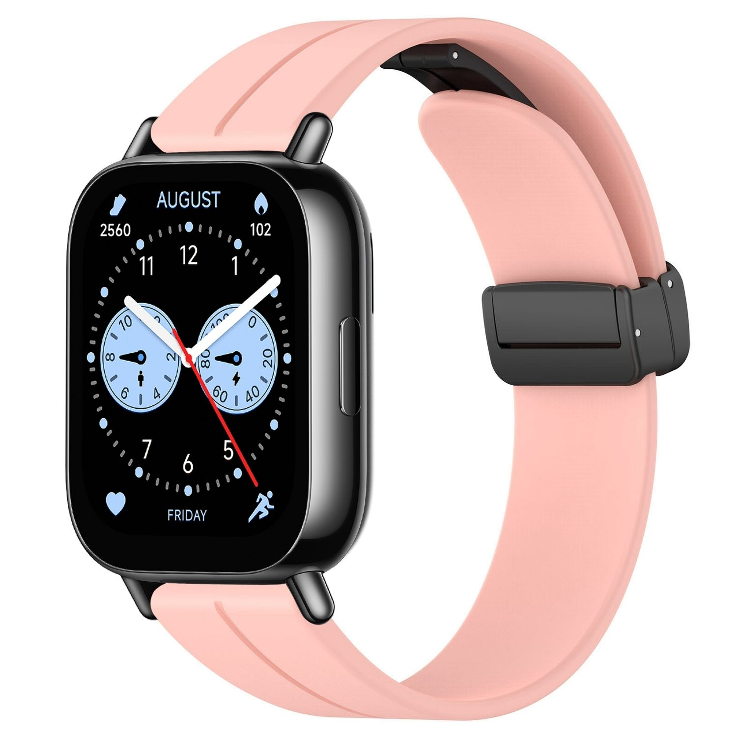 Smartwatch mit schwarzem Zifferblatt und pinkem Armband. Der Bildschirm zeigt Zeit und Aktivitätsdaten.