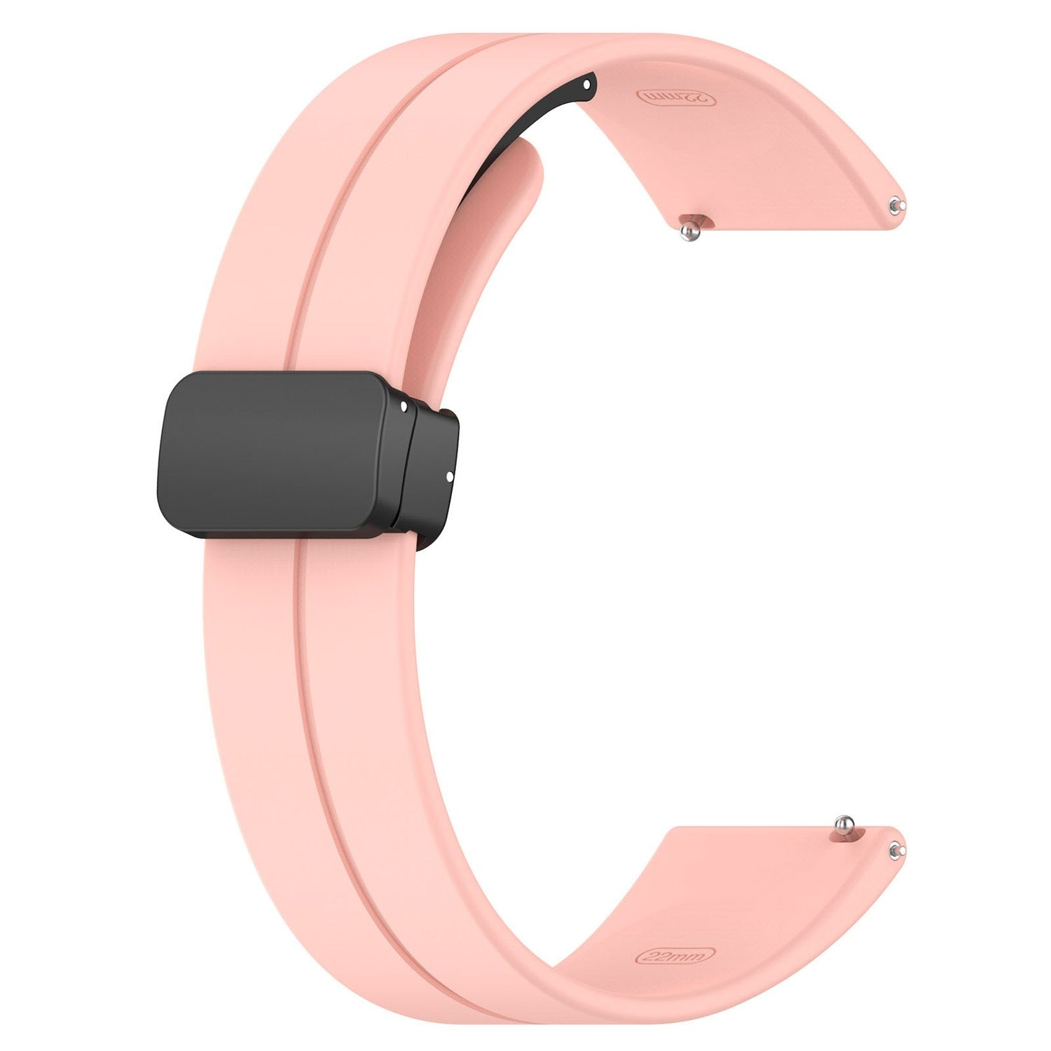 Ein rosa Uhrenarmband mit schwarzem Verschluss. Es ist ein C-förmiges Band.
