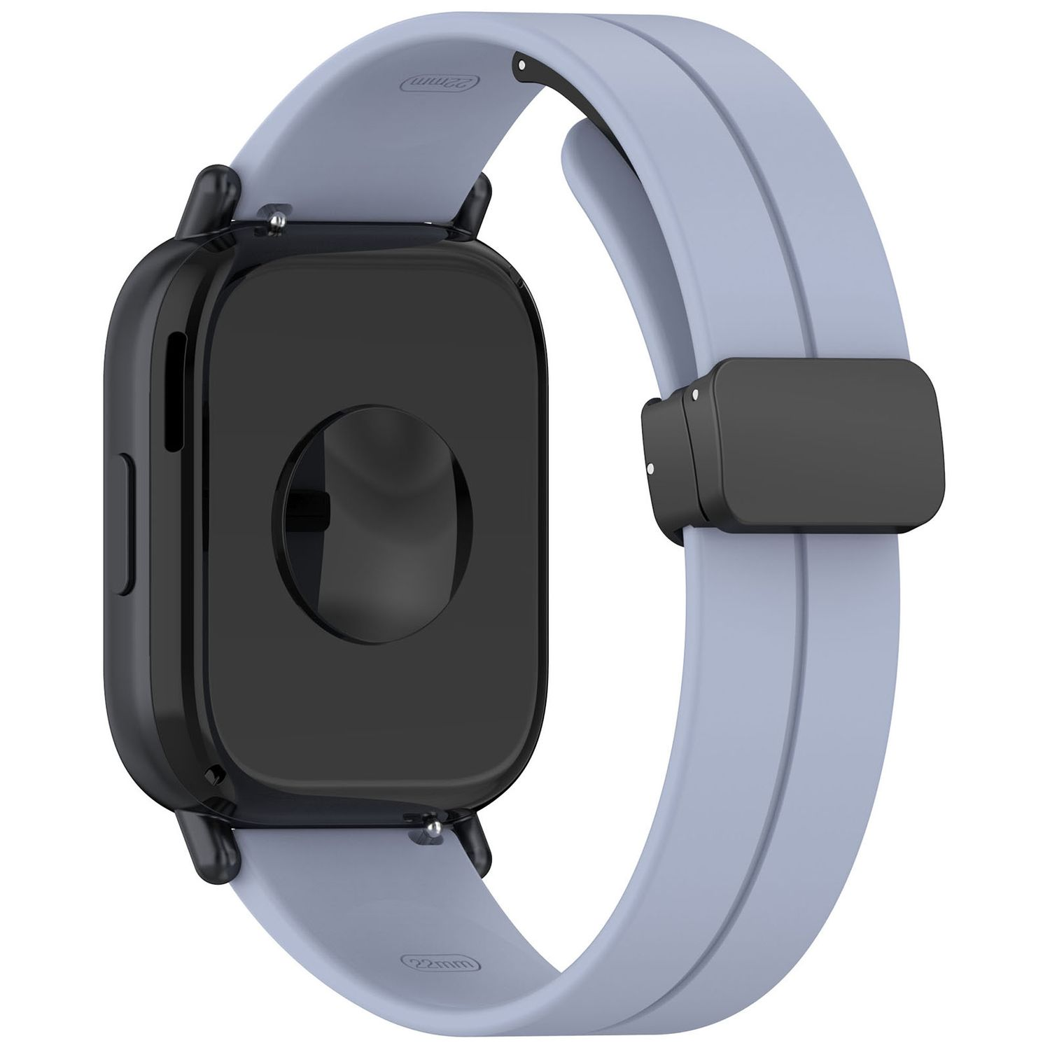 Eine schwarz-graue Smartwatch mit grauem Armband. Die Uhr liegt auf einer weißen Oberfläche.