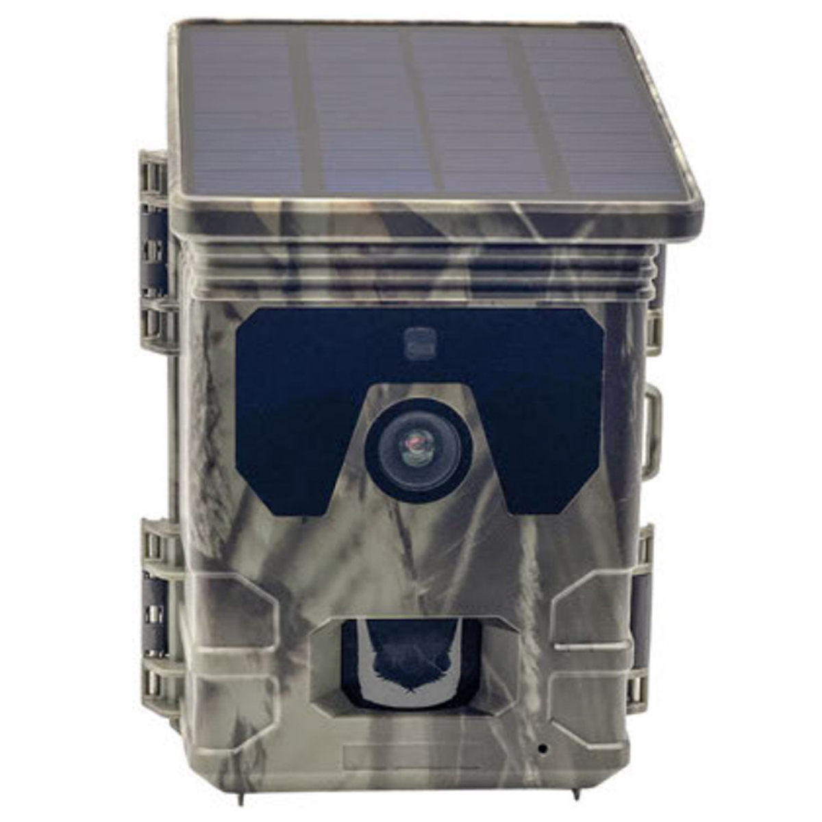 Tarn-Wildkamera mit Solarpanel. Schwarze Linse und Sensor. Braun-grüne Farbgebung. Weißer Hintergrund.