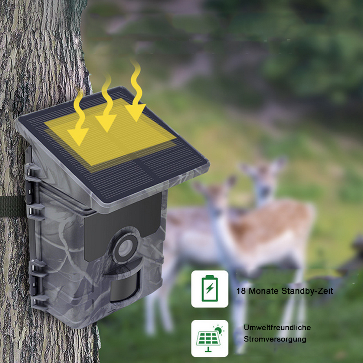 Eine Kamera mit Solarpanel, Tarnmuster, neben einem Baum.