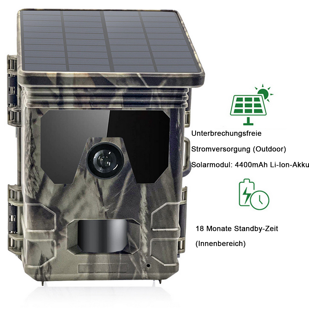 Tarnfarbene Außenkamera mit Solarpanel.