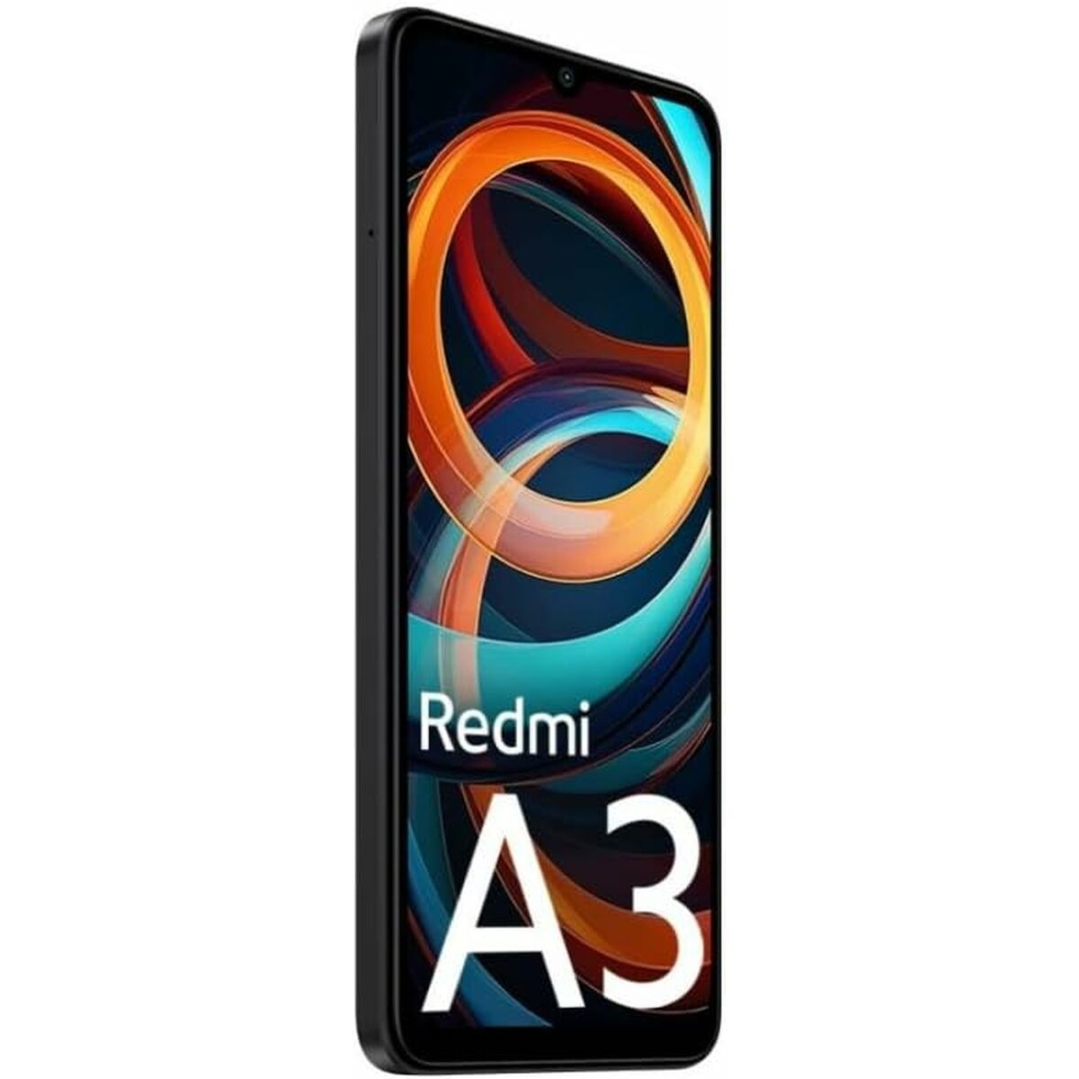 Czarny smartfon Redmi A3 wyświetlający kolorowe, abstrakcyjne tło.