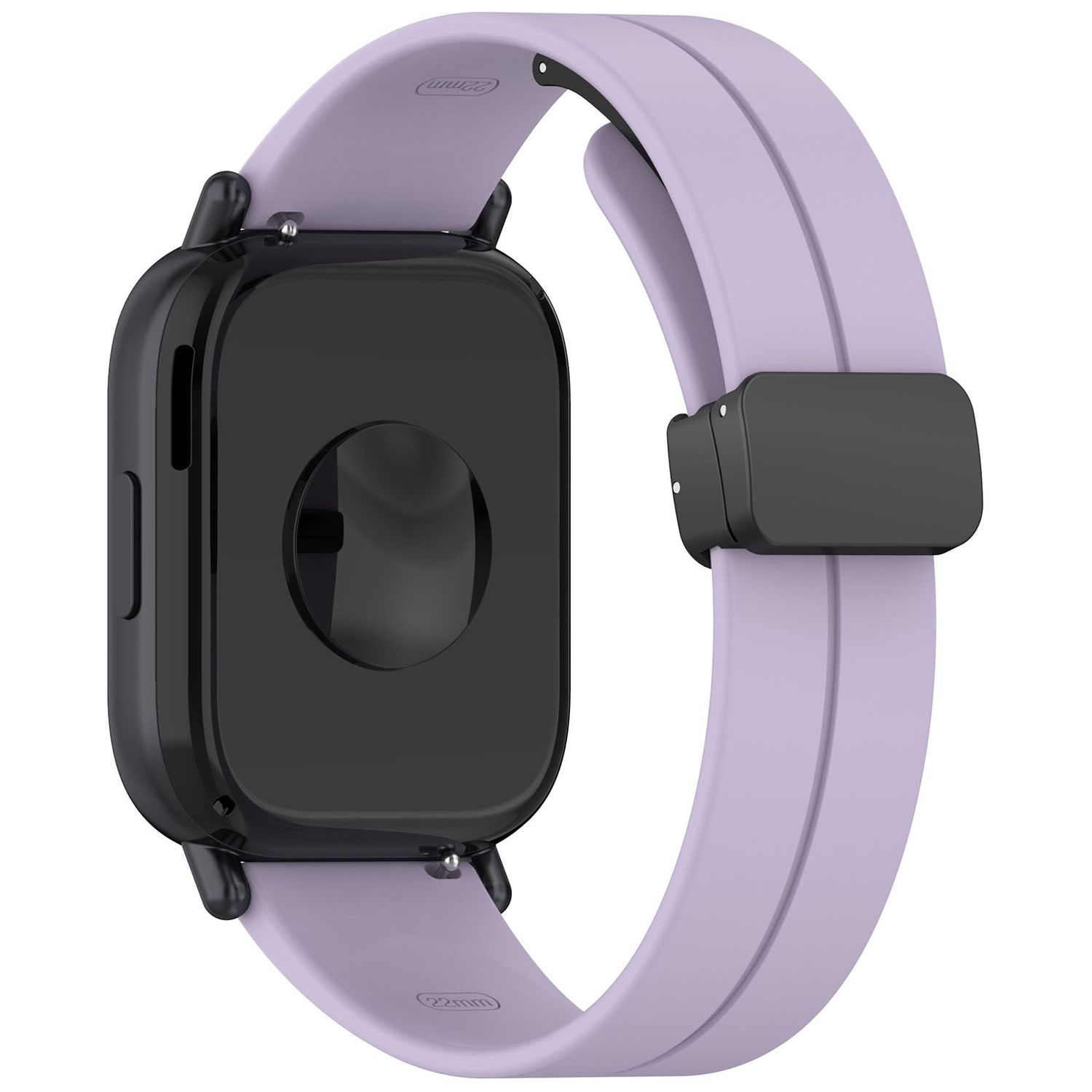 Smartwatch mit quadratischem schwarzem Bildschirm und lavendelfarbenem Armband mit schwarzem Verschluss. Die Rückseite ist schwarz.
