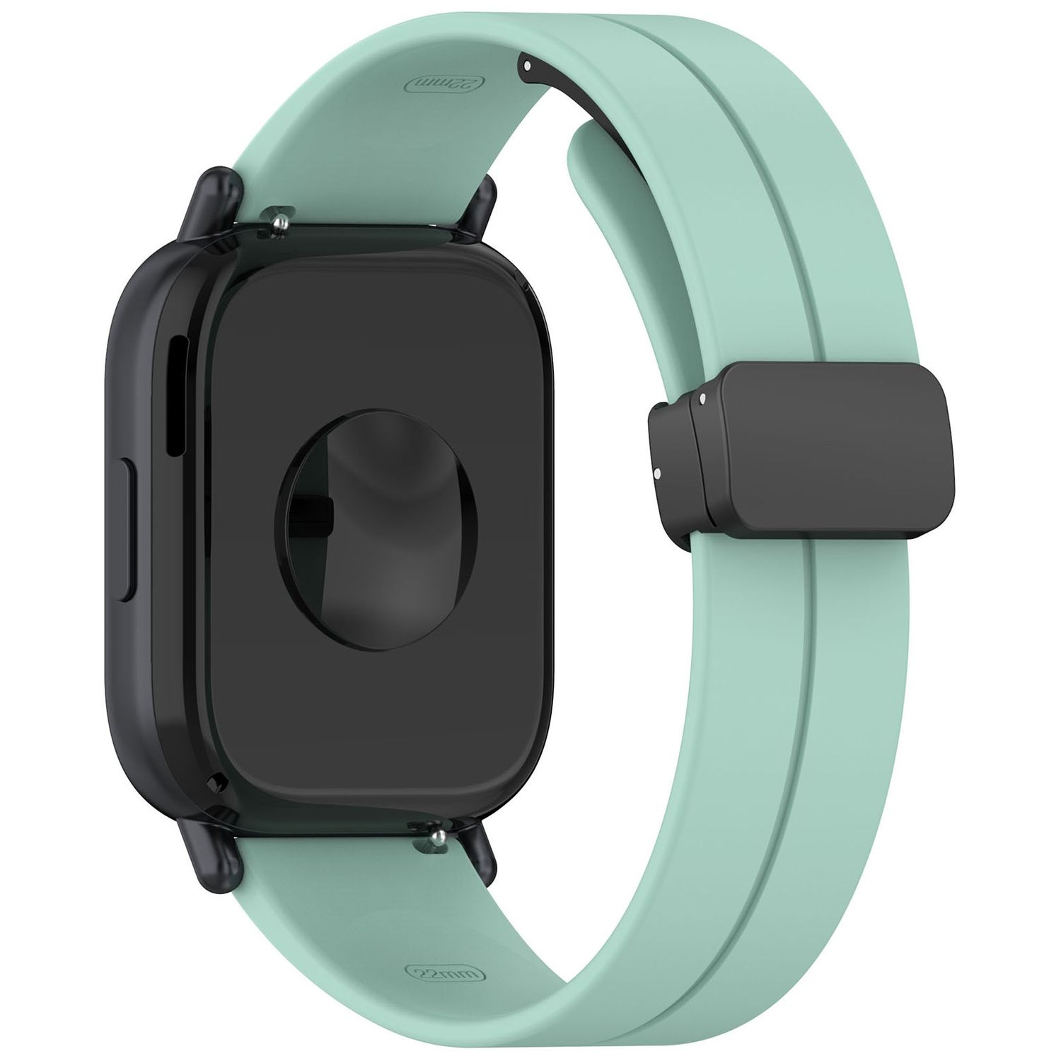 Smartwatch mit schwarzem Ziffernblatt und hellgrünem Armband. Das Armband ist beidseitig mit der Uhr verbunden.