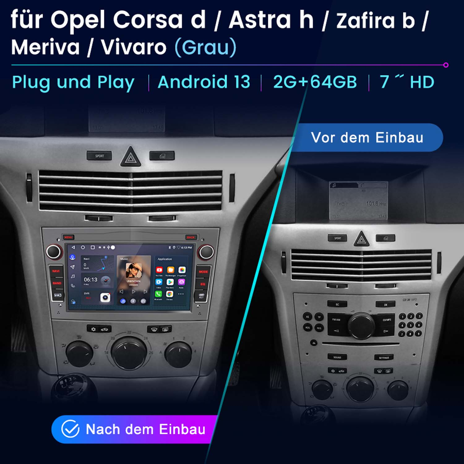 Deska rozdzielcza samochodu z ekranem, przed i po instalacji. Tekst zawiera Android 13 i 2G+64GB.