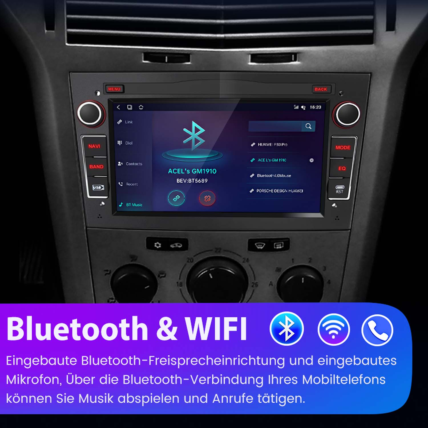 Ekran radia samochodowego z ikonami i funkcjami Bluetooth i WIFI.