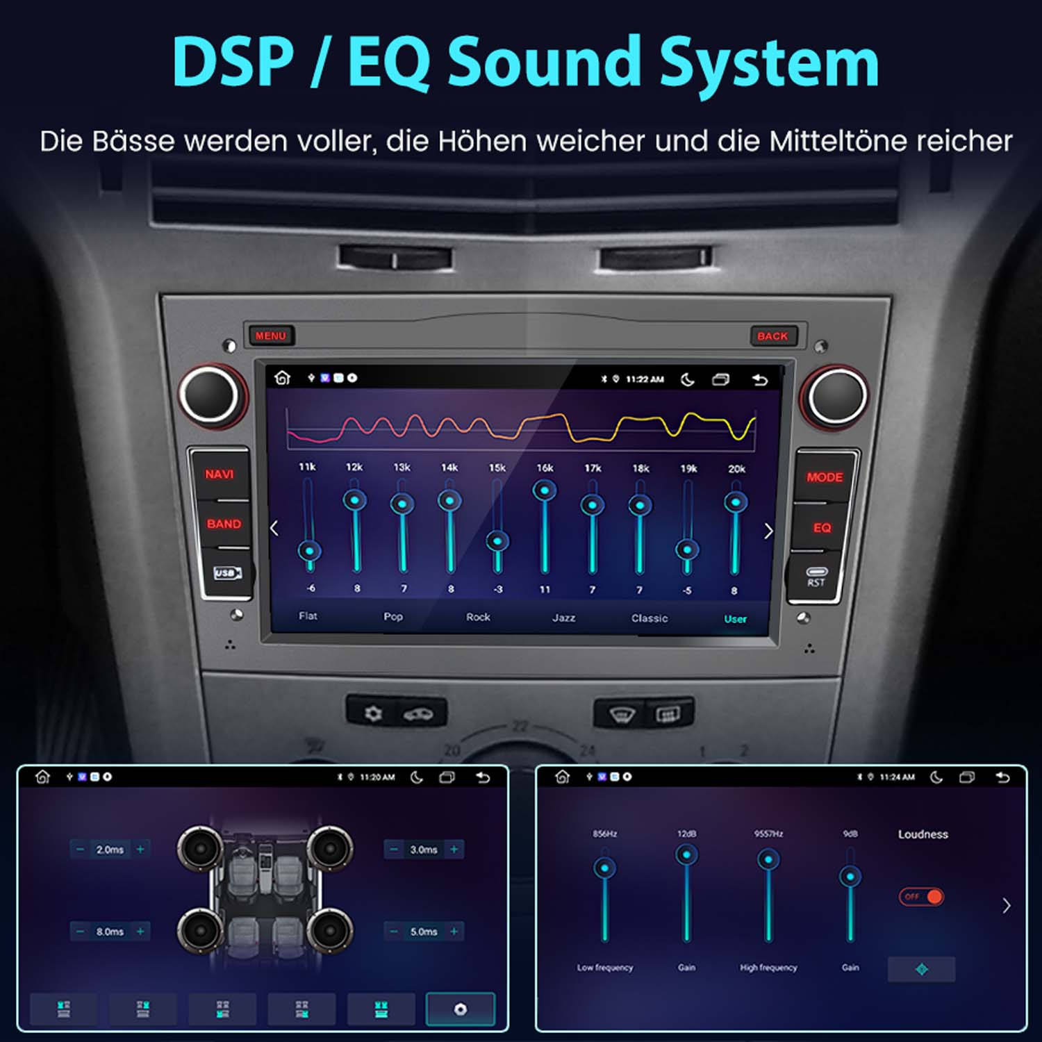 Interfejs systemu audio w samochodzie z wieloma ustawieniami korektora i opcjami wyświetlania.